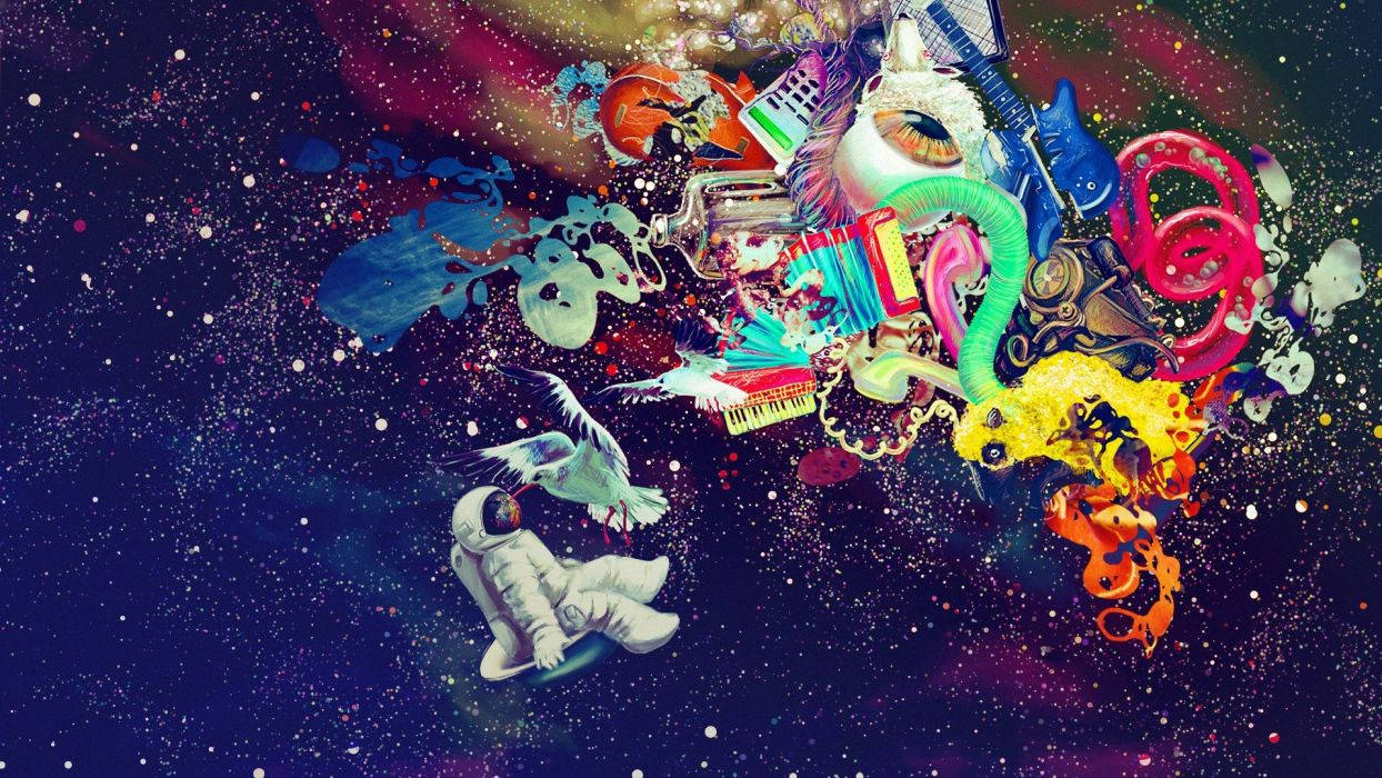 一名太空人漂浮在樂器和 surreal 生物的宇宙爆炸附近。
