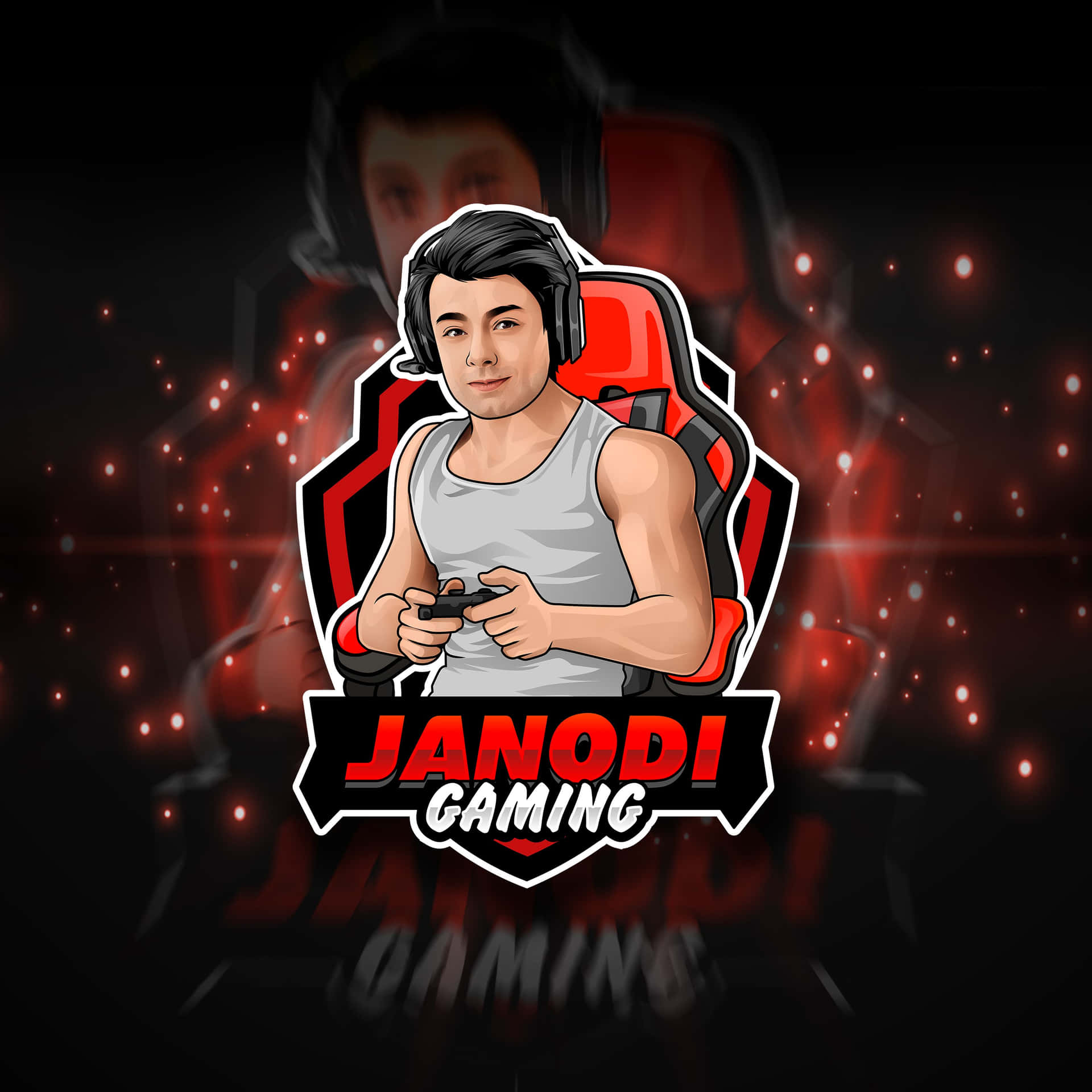 玩家坐在紅色椅子上，握著控制器，伴隨著發光粒子和「Janodi Gaming」標誌。