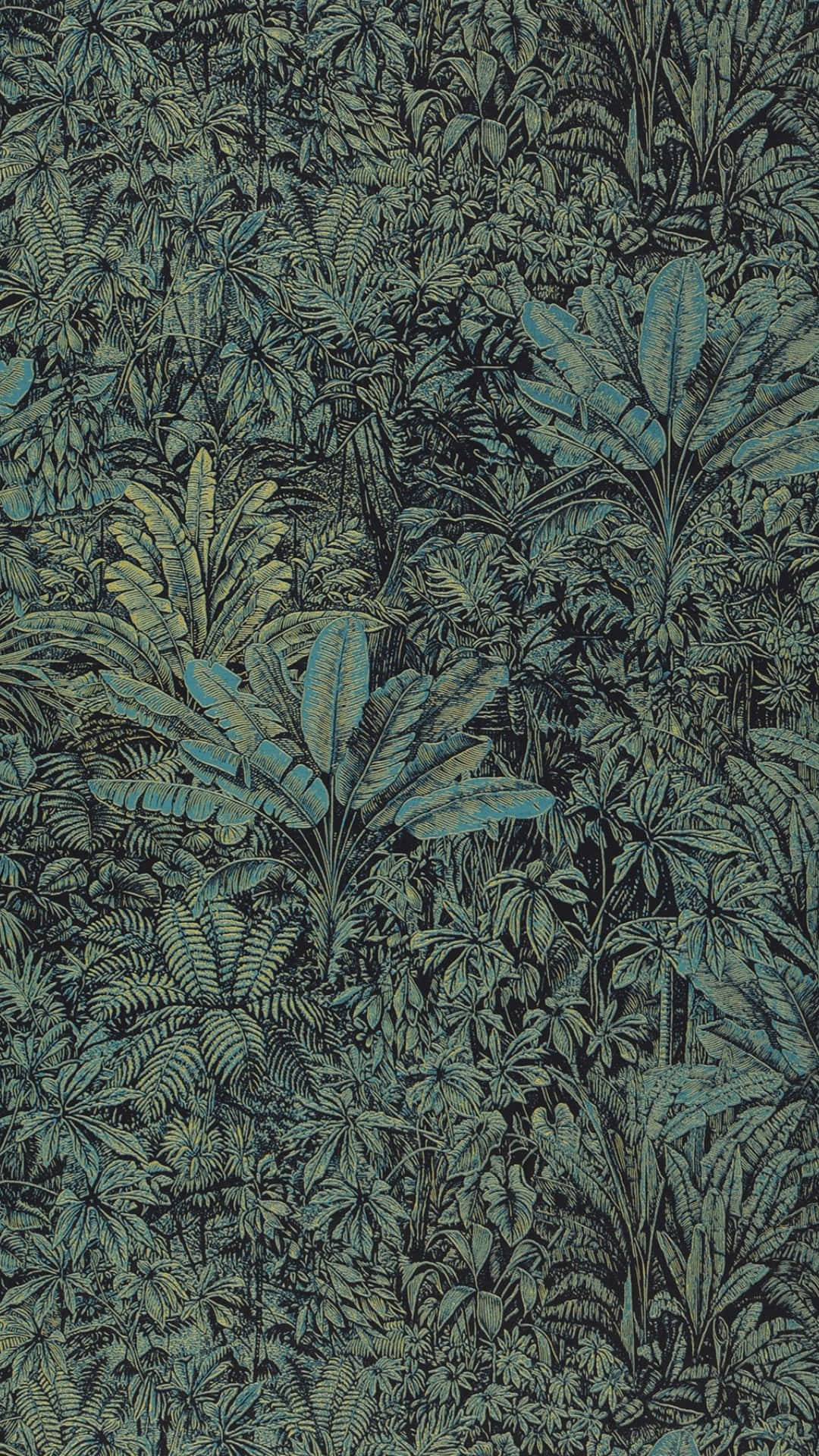濃密叢林印花設計 壁紙 — 深藍綠色和橄欖綠的茂密熱帶葉子營造出鬱鬱蔥蔥的叢林牆紙圖案。