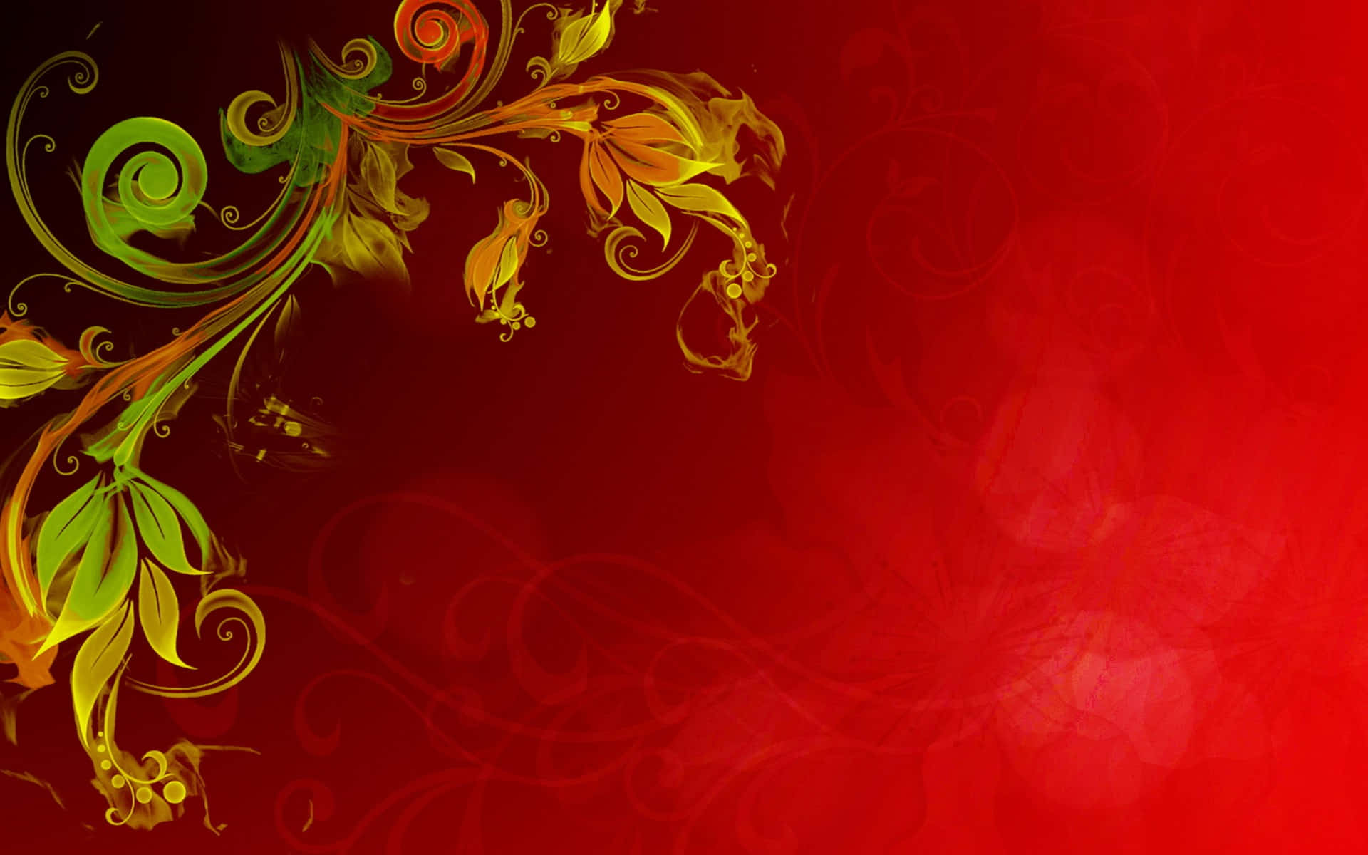 濃烈溫暖的紅色背景 壁紙 — 充滿活力的綠色和金色漩渦花卉藤蔓在豐富的紅色紋理背景上層疊。