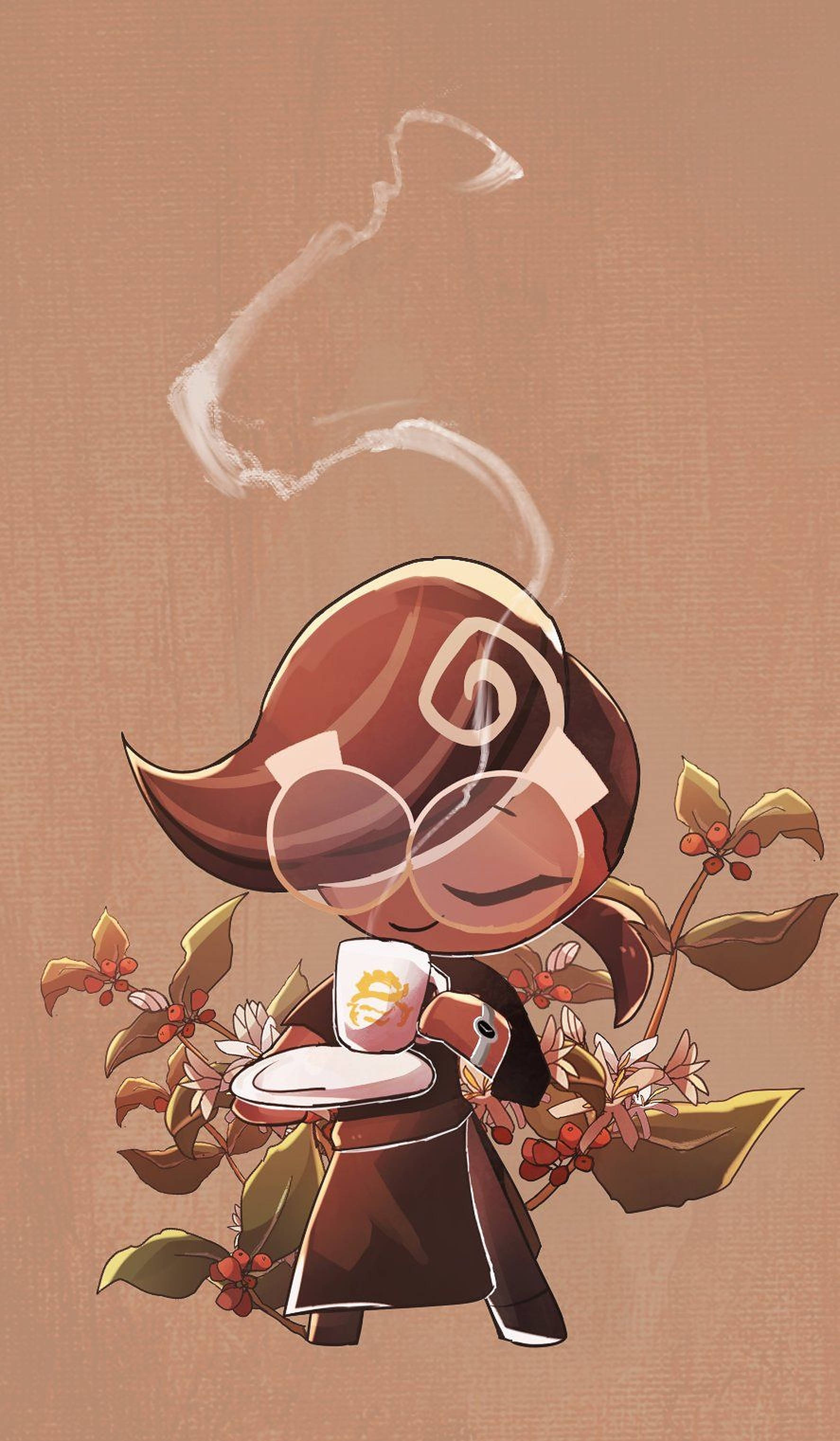 濃縮咖啡餅乾 Cookie Run 壁紙 — 一個棕色頭髮戴眼鏡的Q版角色，手持冒煙的咖啡杯，周圍環繞著咖啡植物，背景為有紋理的米色。