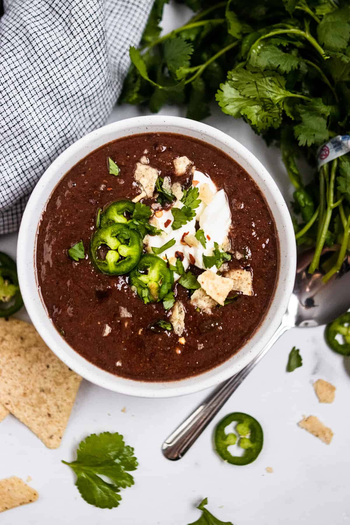 Black Bean Soup 桌布 壁紙 — 濃郁深棕色湯，上面放有酸奶油、芫荽和墨西哥辣椒片，盛載於白色碗中，周圍環繞著新鮮香草和墨西哥玉米片。