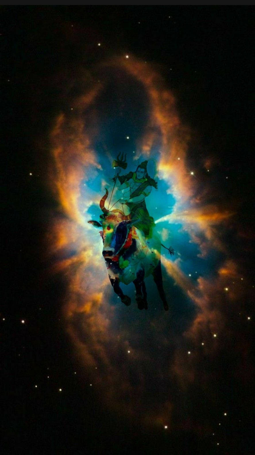 戰士騎公牛飛越彩色宇宙星雲與星星