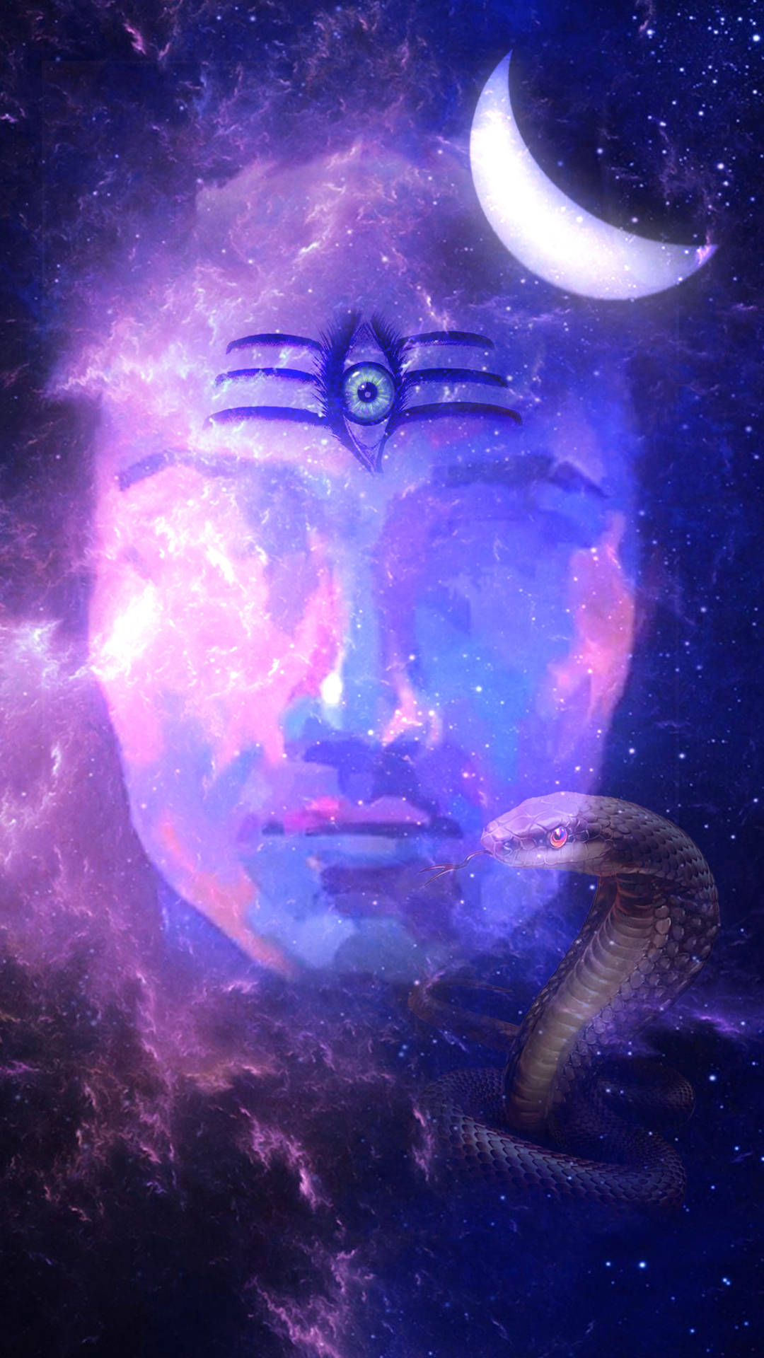 在繁星點點的星雲中，彎月下帶有第三隻眼和蛇的宇宙面孔。