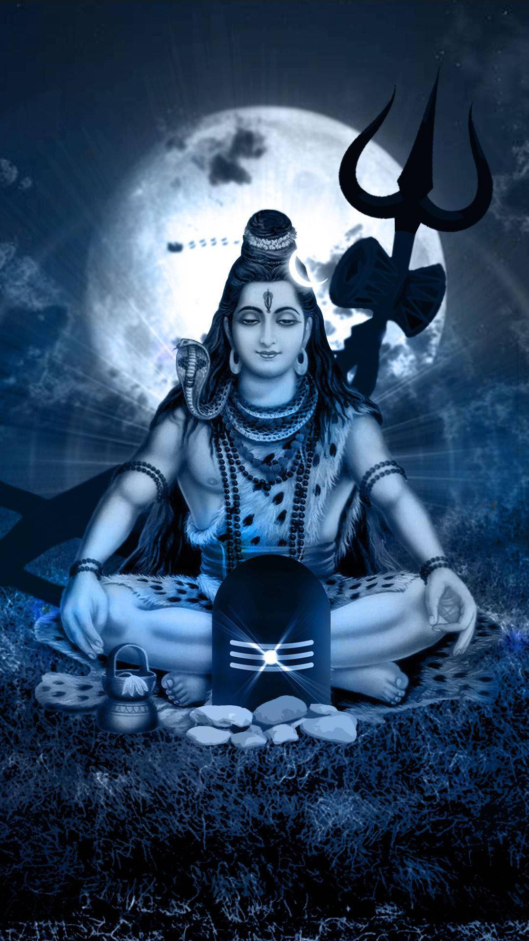 shiva iPhone 桌布 壁紙 — 濕婆在發光的月亮下平靜地冥想，三叉戟和蛇纏繞在脖子上，以單色藍色調呈現。