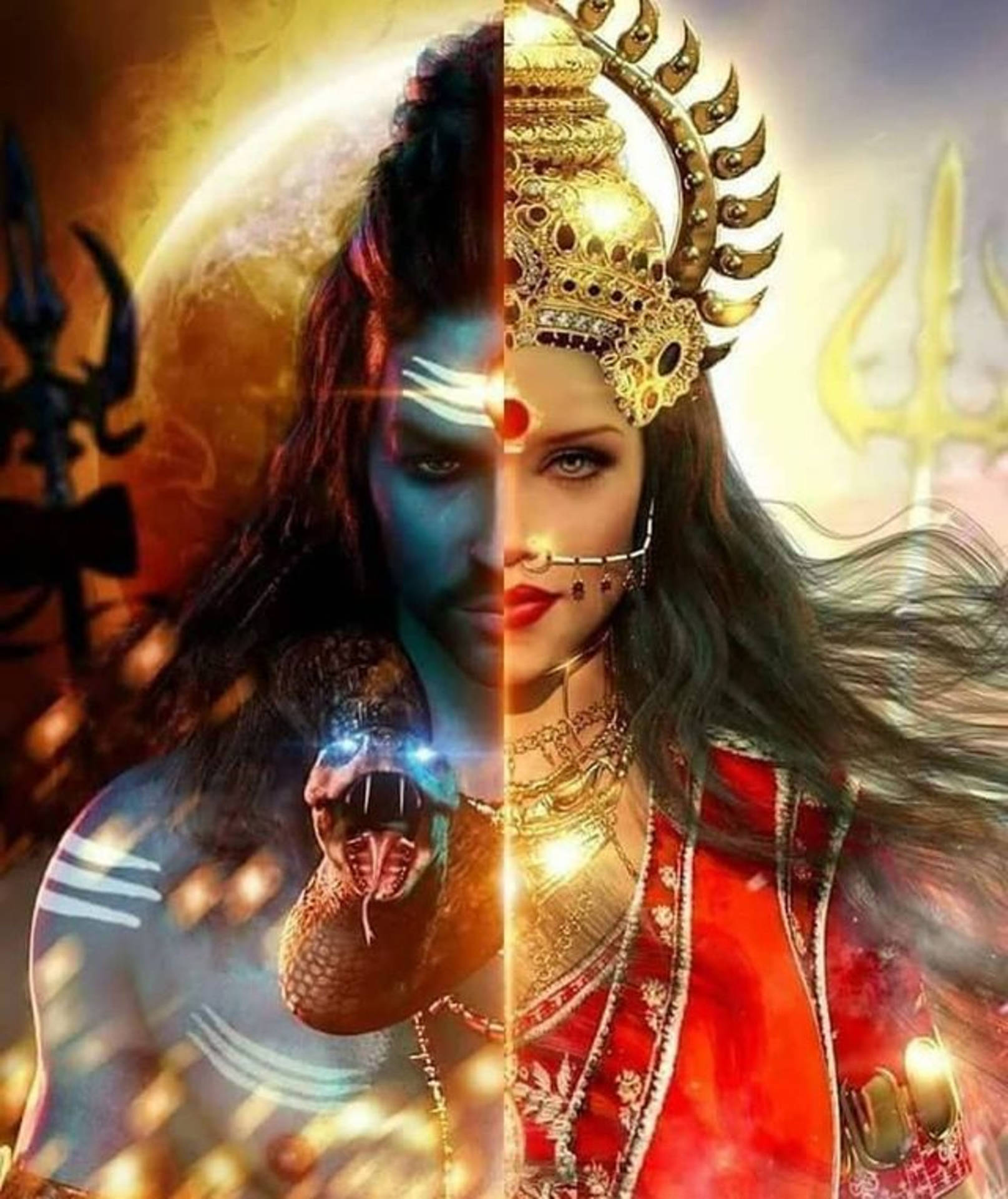 神聖存在分裂成戰士和女神兩半，帶有三叉戟和蛇。