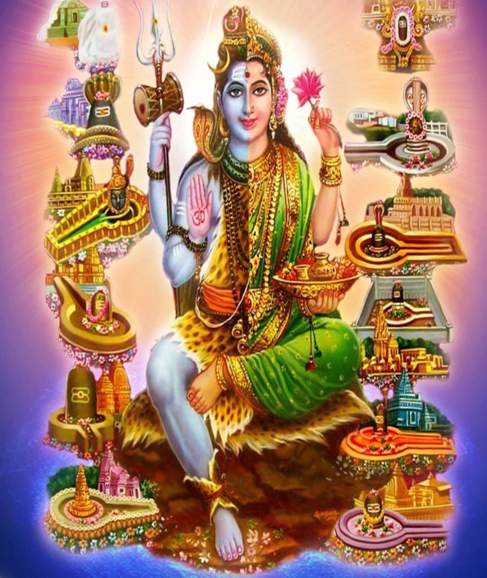 印度教神祇被漂浮的寺廟和神聖符號環繞，色彩鮮豔。