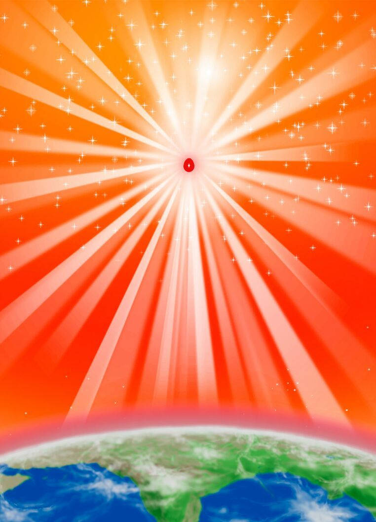 從太空觀看地球，上方有耀眼的太陽爆發和星星。
