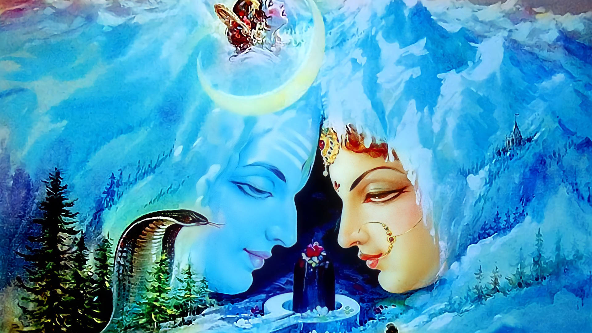 濕婆帕爾瓦蒂 HD 水彩藝術 壁紙 — 兩個寧靜的神聖面孔，藍色和金色，凝視著一個有新月和蛇的雪山景觀。