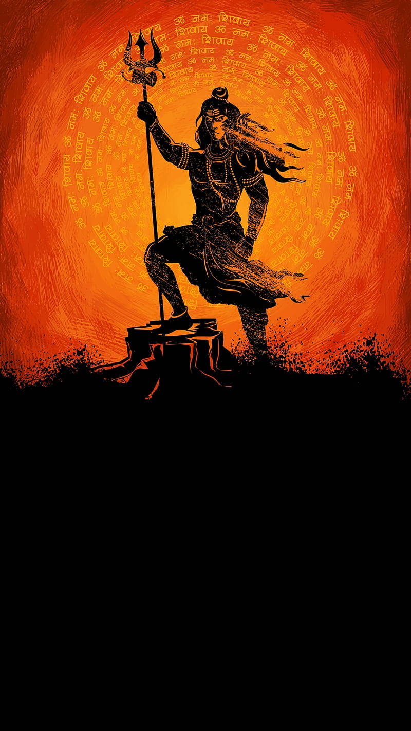 Lord Shiva 桌布 壁紙 — 濕婆手持三叉戟的剪影，背景為火橙色，圓形光環中有梵文字母。
