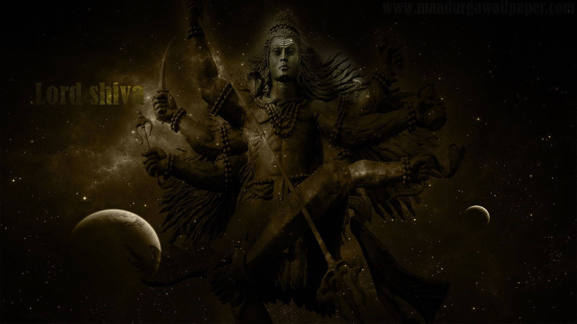 濕婆神 HD 行星背景 壁紙 — 多臂持三叉戟的濕婆神在佈滿行星和星雲的星空宇宙背景下威嚴地站立。