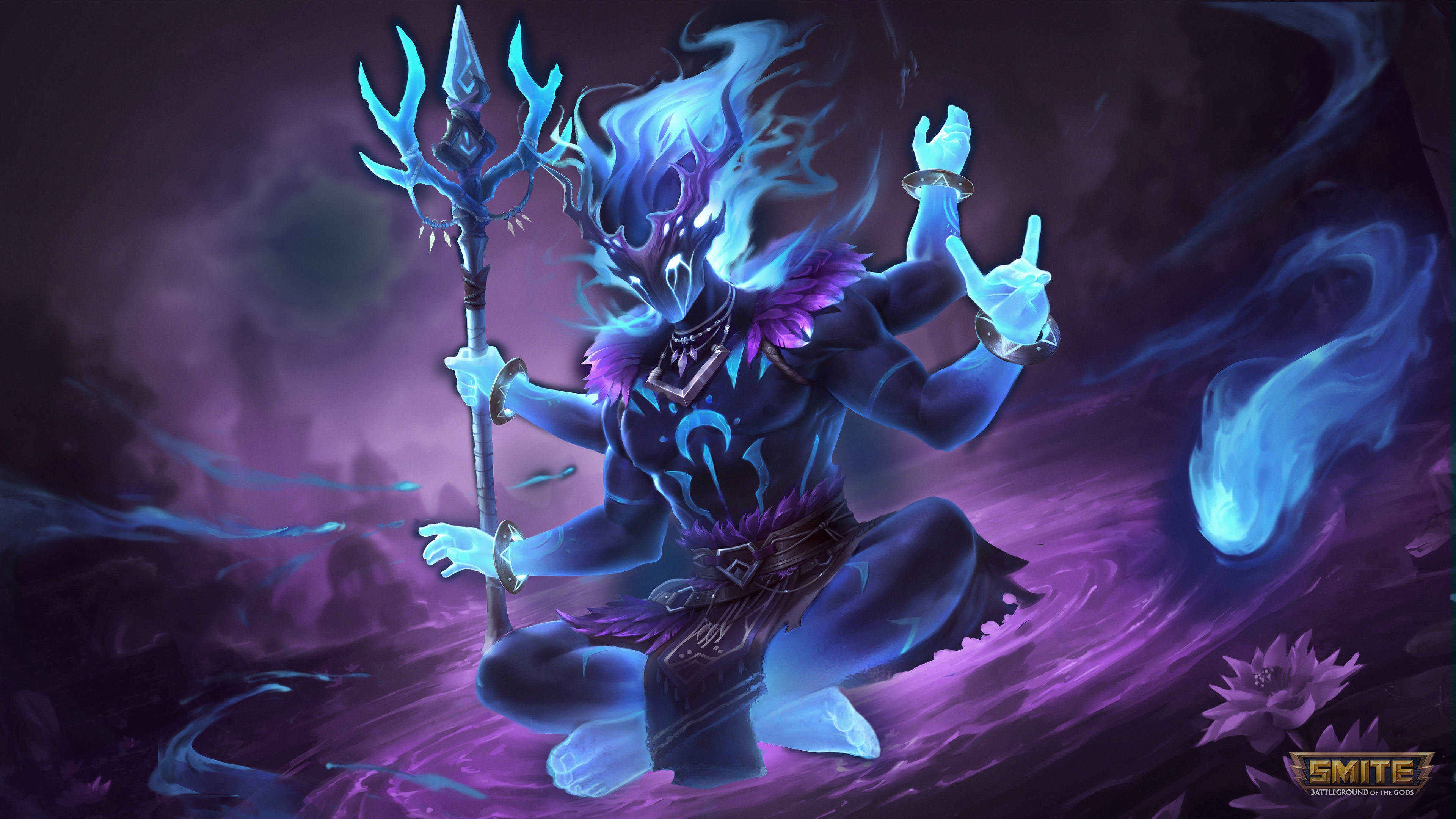 濕婆神4K遊戲角色 壁紙 — 一個藍色和紫色的惡魔形象，帶著發光的角和三叉戟，坐在旋轉的能量和漂浮的蓮花之中。