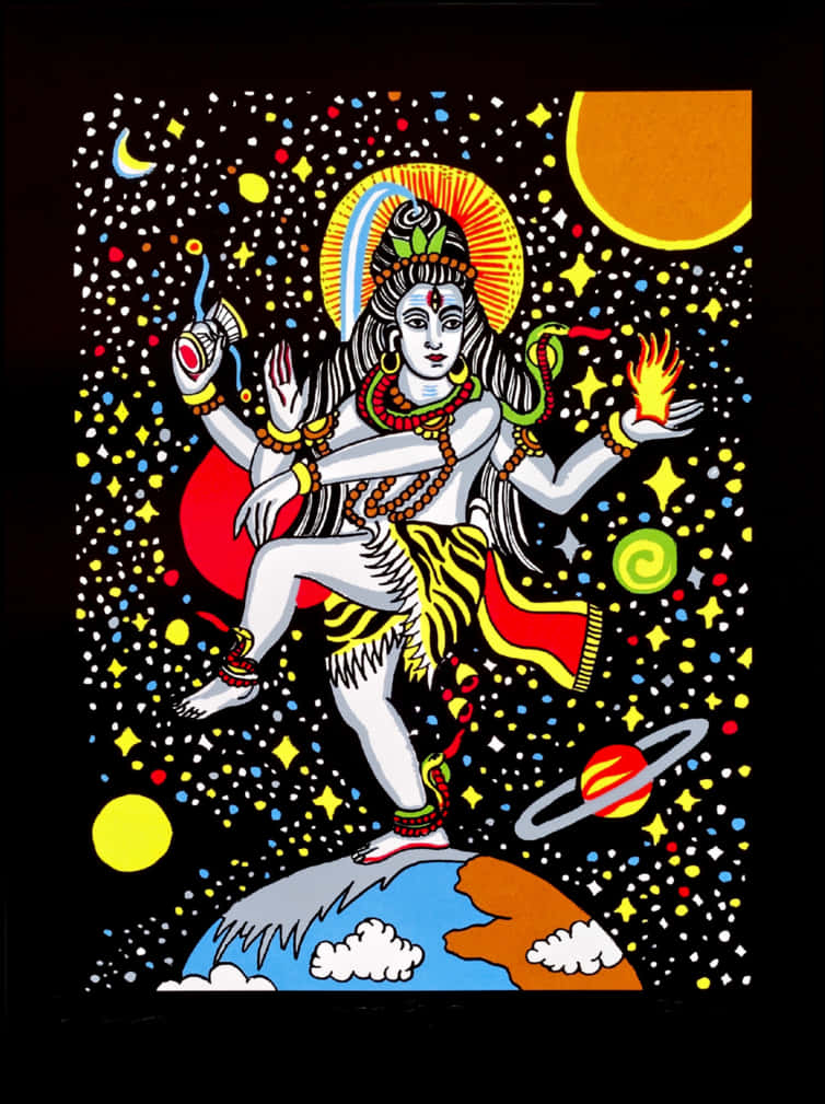 濕婆神宇宙之舞藝術 壁紙 — 一個色彩繽紛、多臂的神明插圖，在地球儀上跳舞，周圍環繞著星星、行星和天體。