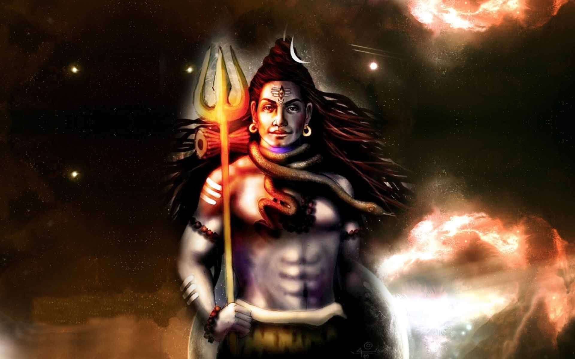 印度教神祇手持三叉戟與蛇，在宇宙火雲中