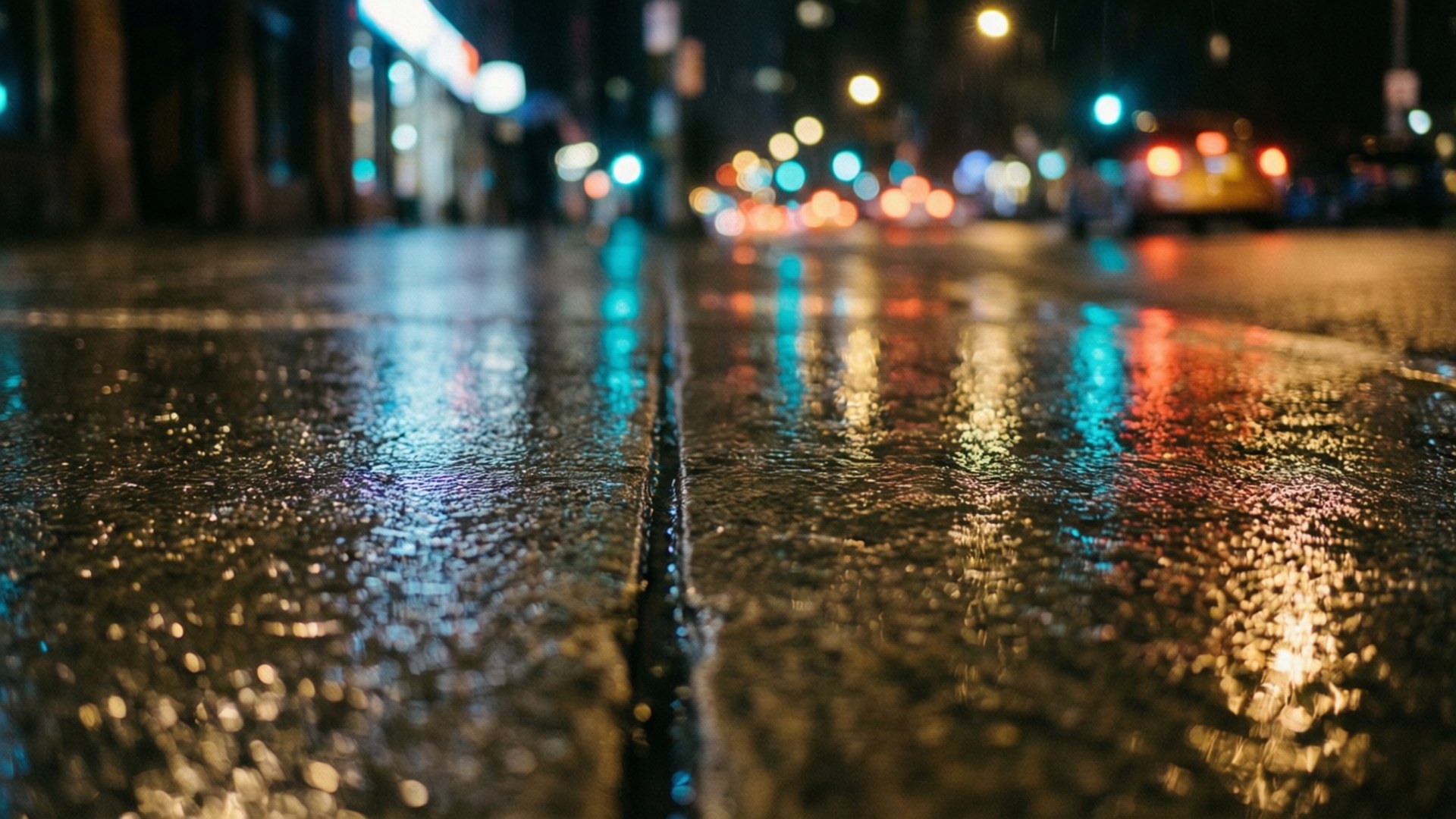 濕滑的路面在夜間反射出色彩繽紛的城市燈光，背景模糊。