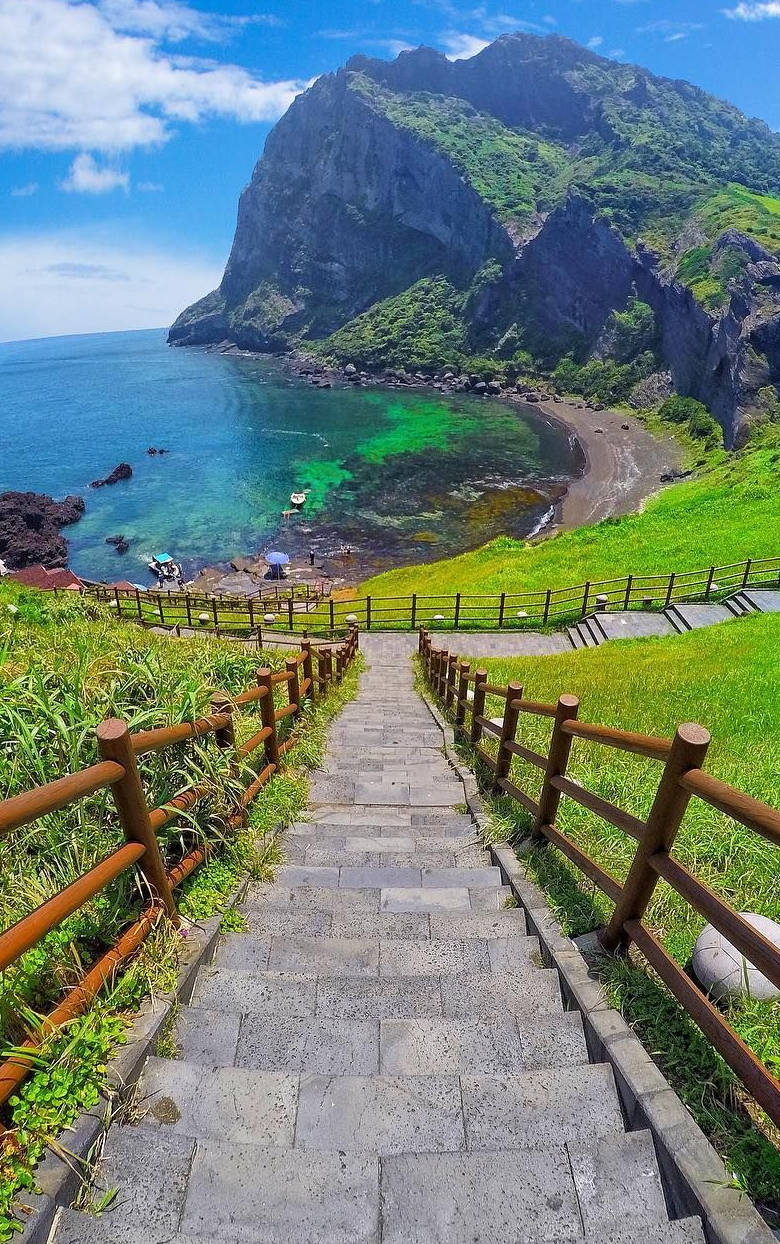濟州島城山日出 壁紙 — 一條帶有木製扶手的石階蜿蜒而下，穿過鬱鬱蔥蔥的綠色山坡，通往一個依偎在巍峨懸崖旁的碧綠海灣。