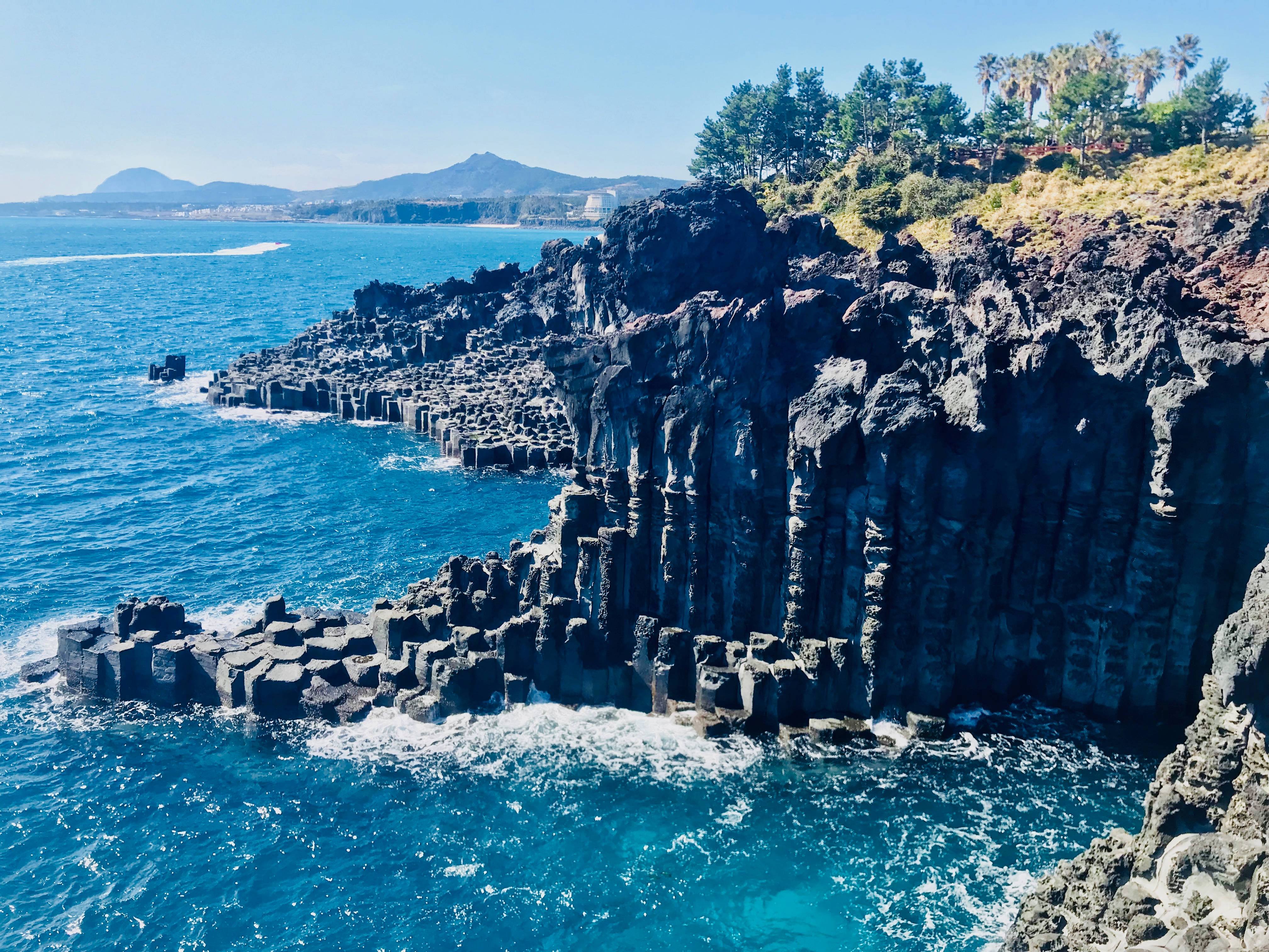 濟州島柱狀節理海岸 壁紙 — 充滿活力的藍綠色海洋在清澈的藍天下衝擊著戲劇性的黑色玄武岩柱。