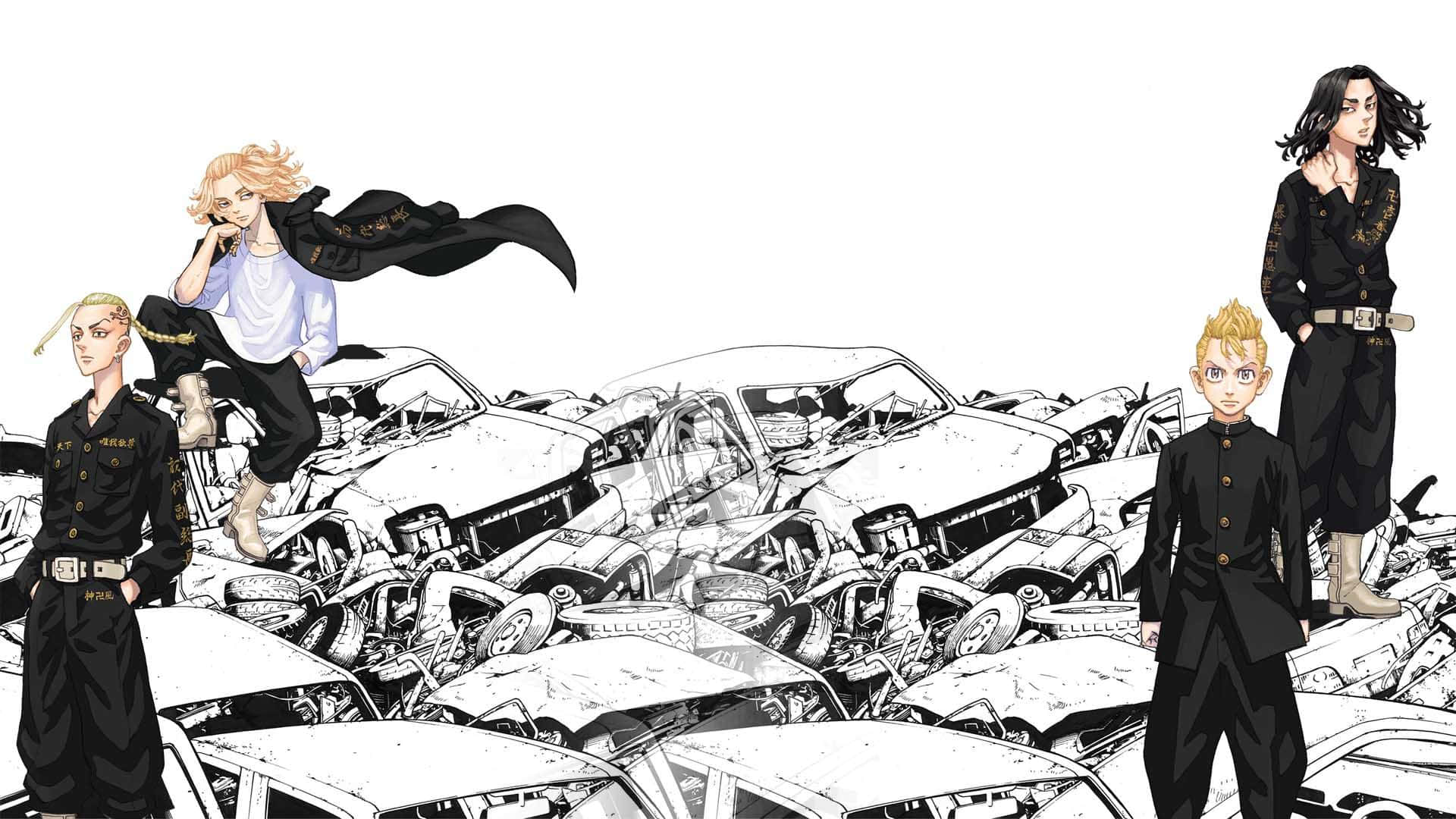 濱名孝明為報仇踏上東京之路 壁紙 — 四個動漫角色站在一堆混亂的 crushed cars 中，黑白插圖。