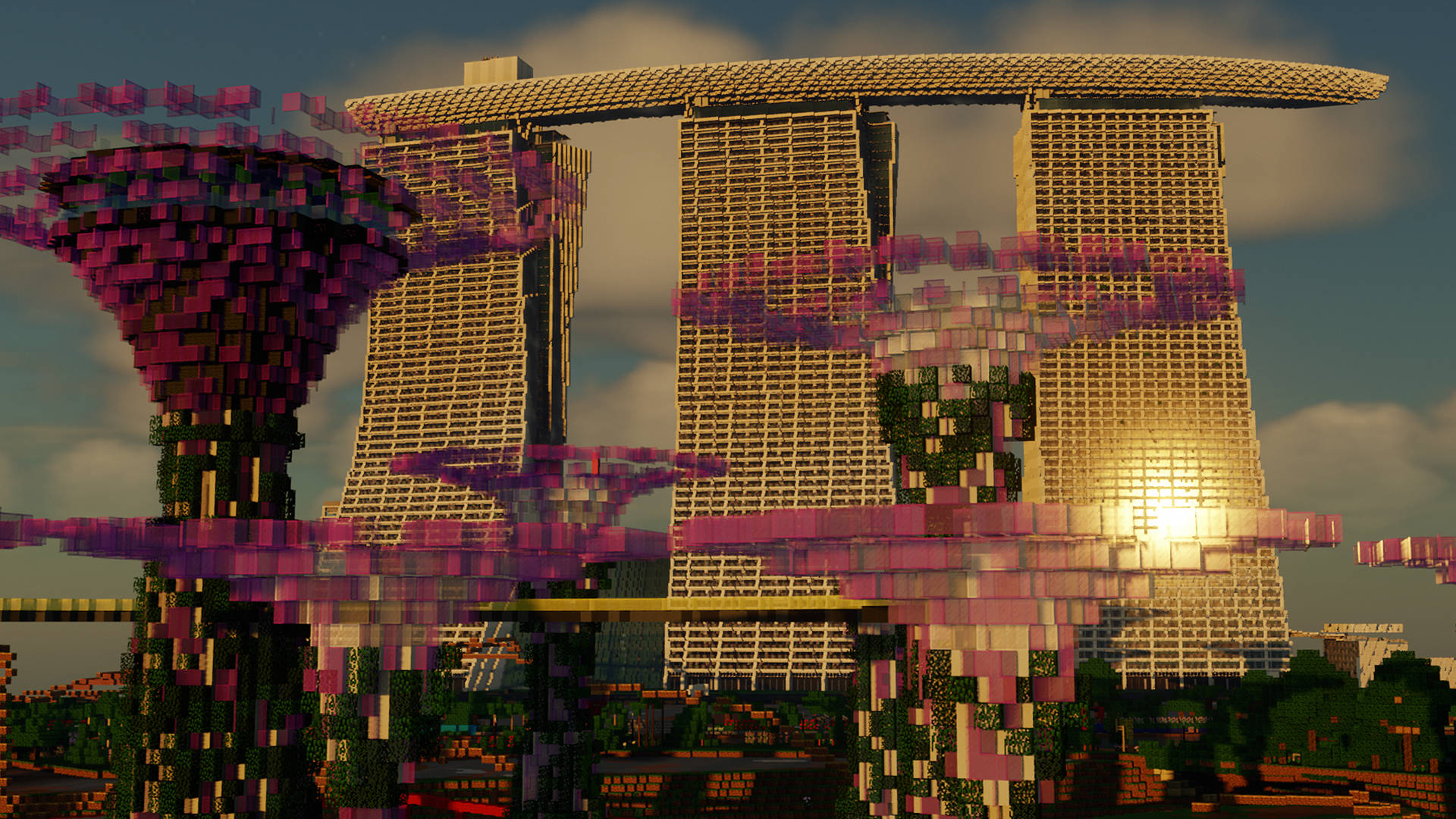 Minecraft風格的濱海灣金沙和超級樹在夕陽下發光。