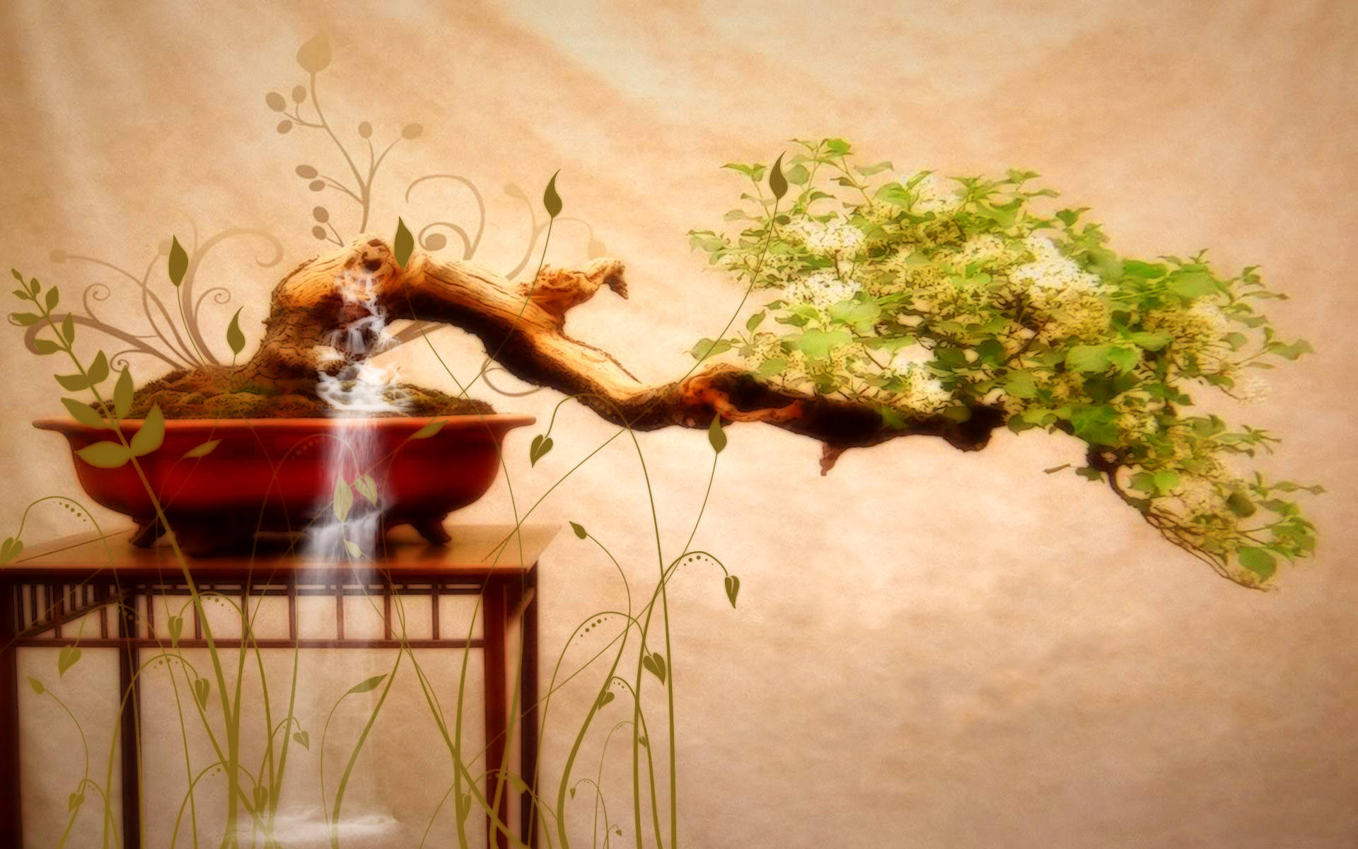 瀑布式盆景樹植物攝影 壁紙 — 一棵盆景樹，樹幹彎曲，綠葉茂盛，放在木架上的紅色花盆中，瀑布從其根部流下，背景是帶紋理的米色牆壁。