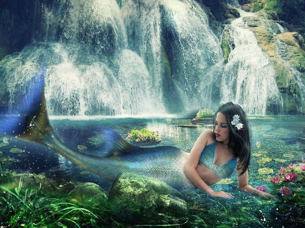 瀑布旁的真實美人魚 壁紙 — 一條擁有閃爍藍色尾巴的美人魚在清澈的水中休息，下方是瀑布，周圍環繞著鮮豔的花朵和長滿苔蘚的岩石。