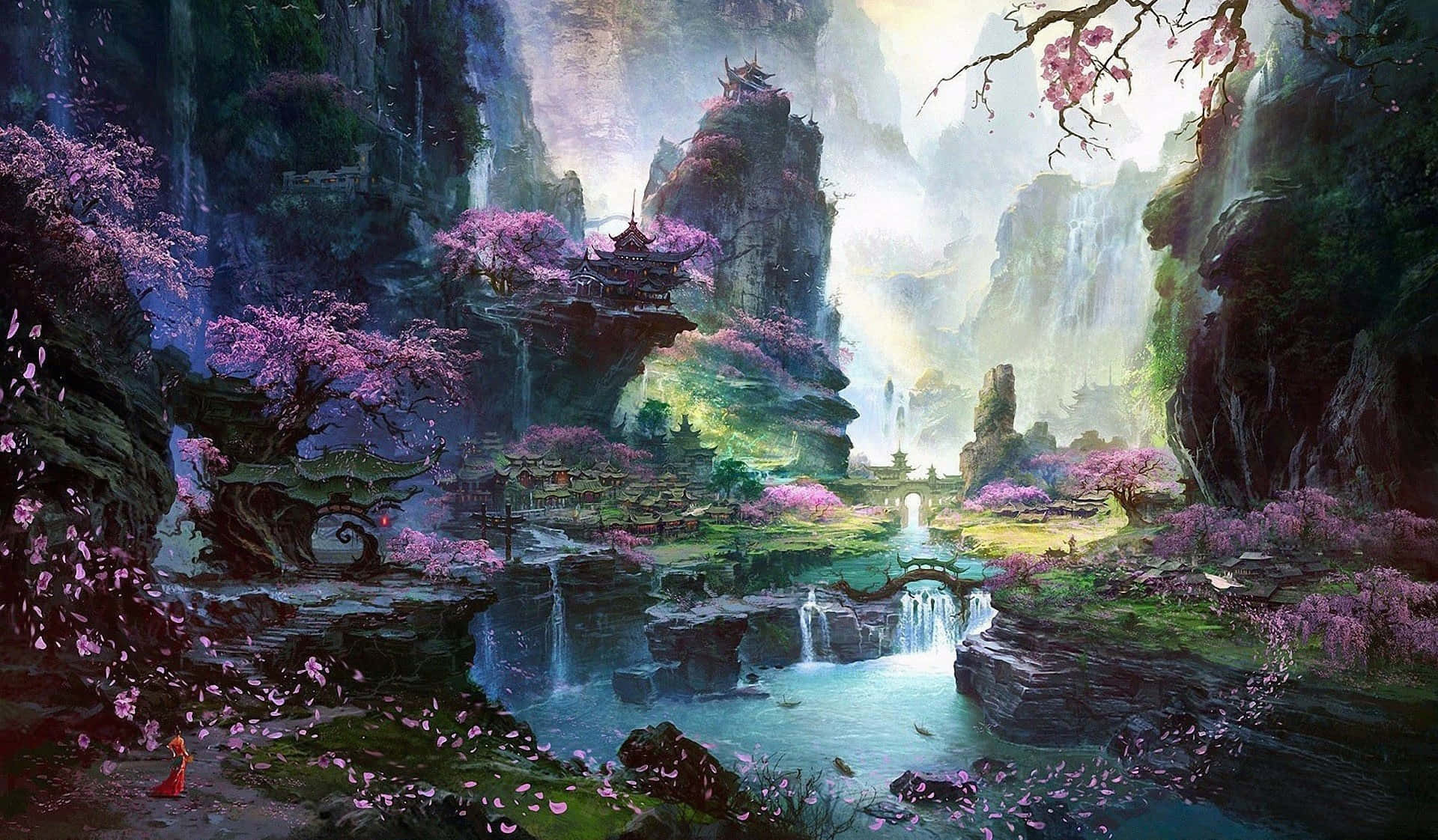 一個寧靜的幻想山谷，有粉紅色的櫻花、瀑布和漂浮的寶塔。