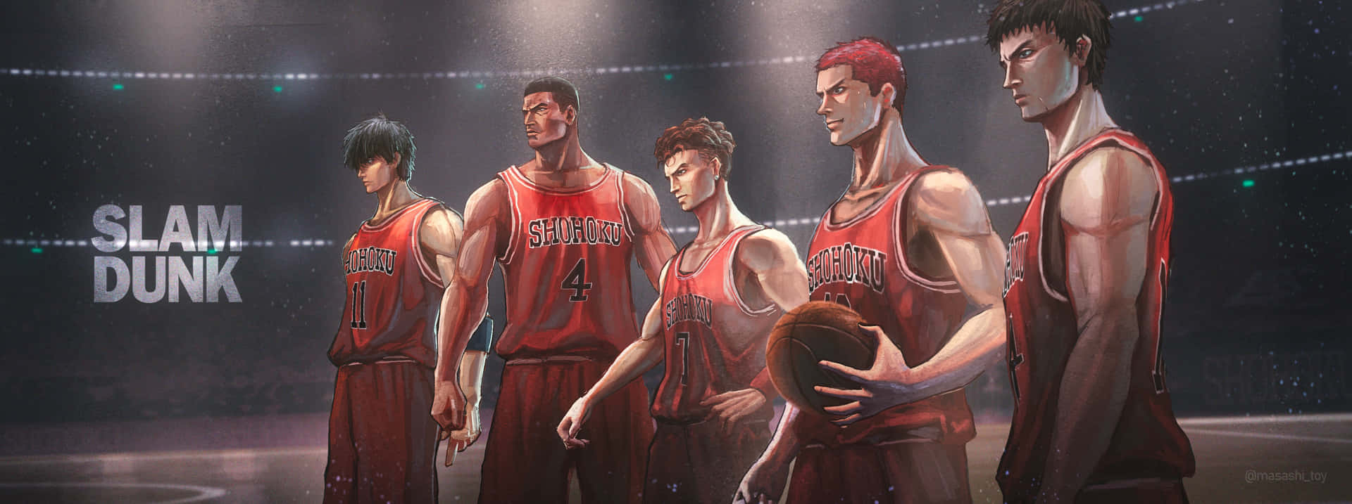 五名身穿紅色湘北球衣的動漫籃球運動員站在球場上。