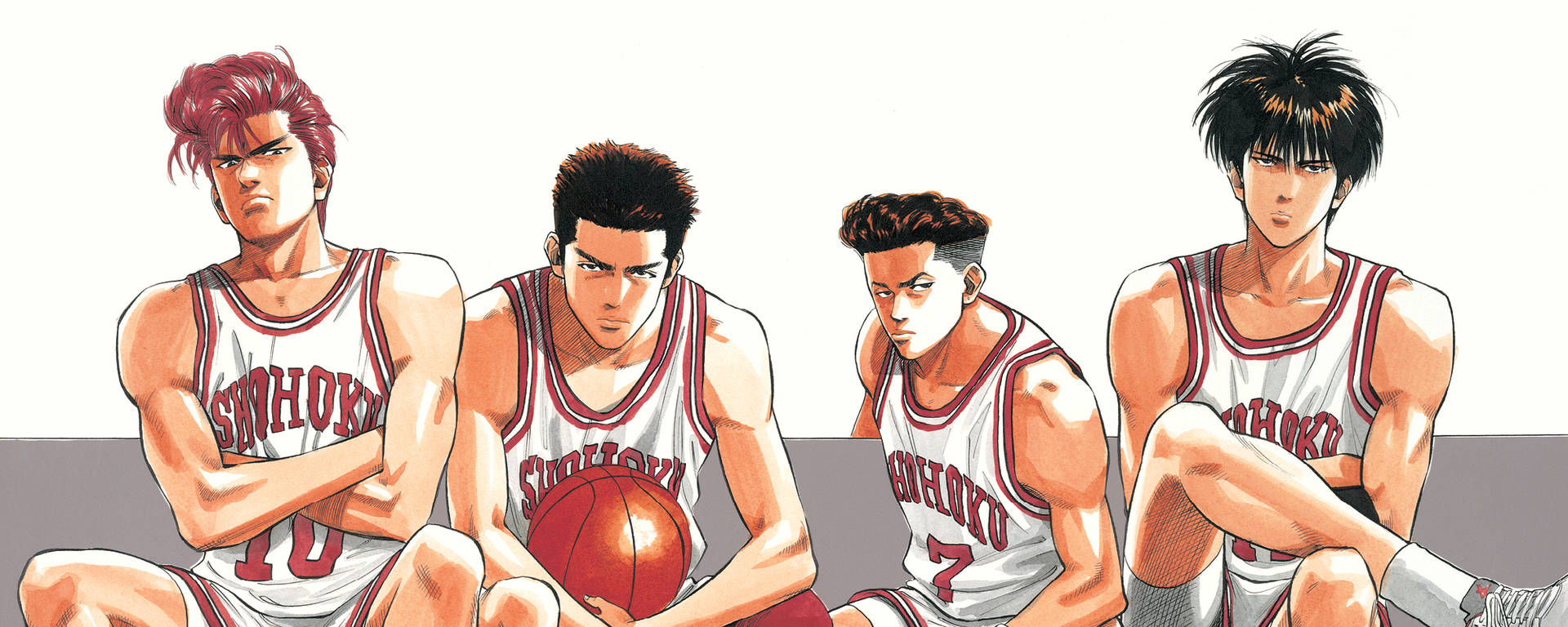 四個穿著湘北球衣的動漫籃球運動員坐著拿著球。