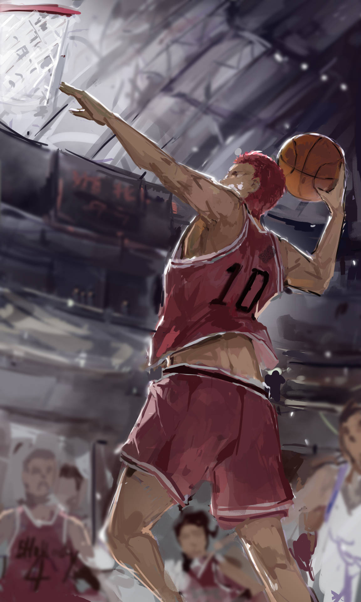 紅髮動漫籃球運動員在體育館中扣籃。