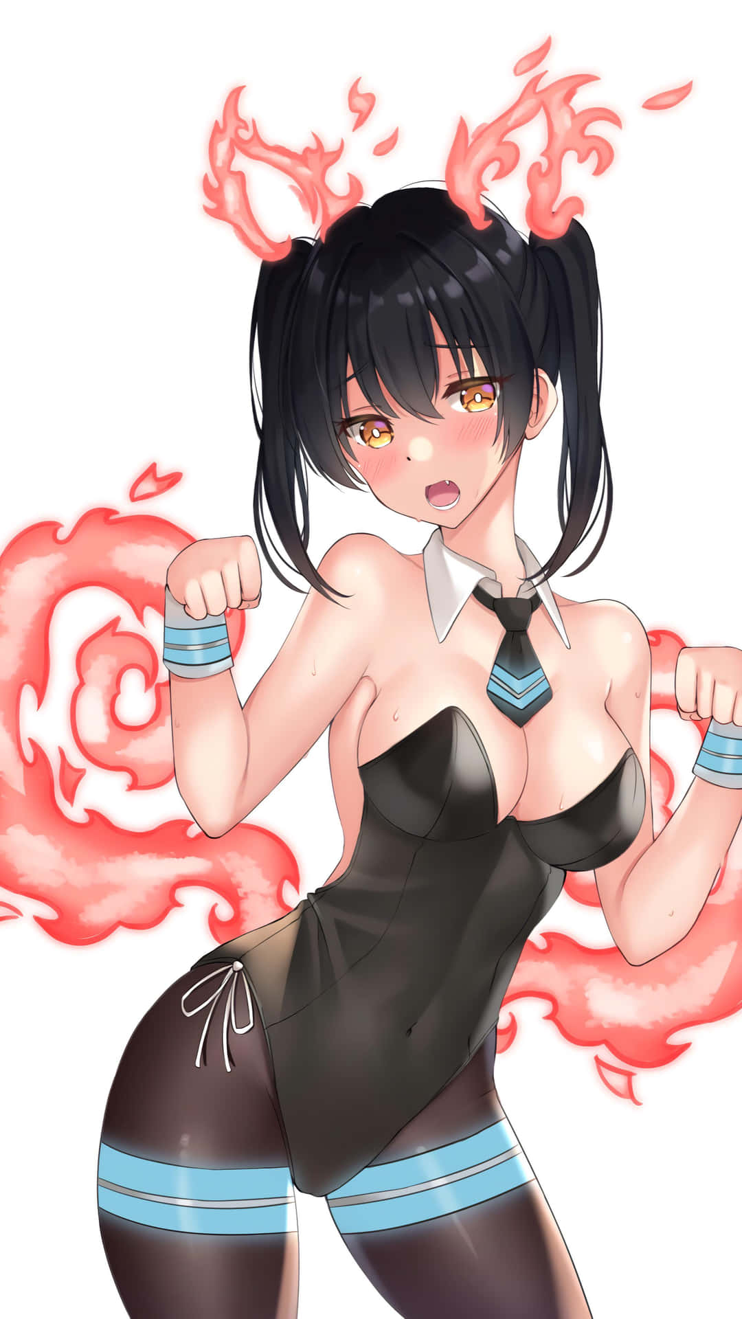 動漫女孩，擁有火焰般的頭髮和周圍的火焰，身穿黑色服裝。