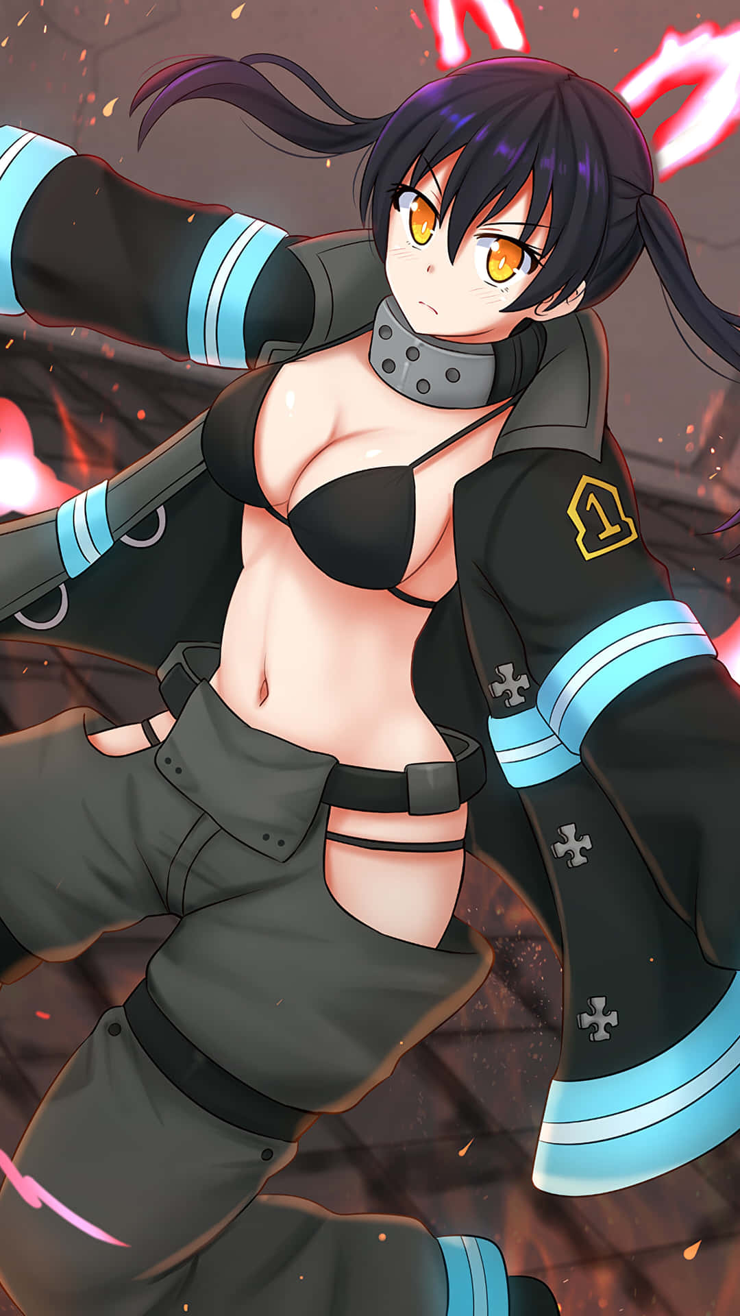 動漫消防員女孩以戰鬥姿態站立，火花四濺。
