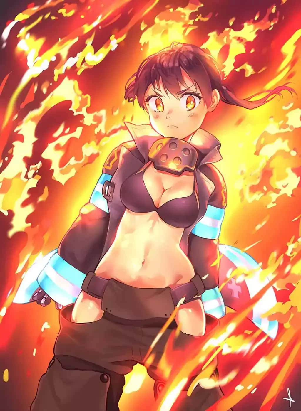 火之勇者 奧村塔麻希 火焰 壁紙 — 一位火紅頭髮的動漫女孩穿著消防員裝備，在旋轉的火焰中挑釁地站著，琥珀色的眼睛閃閃發光。