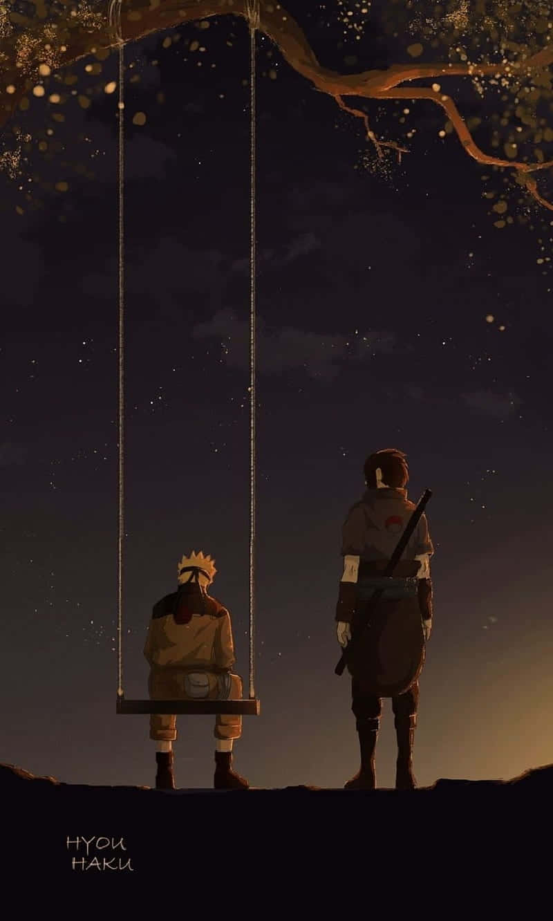 夜晚樹下兩個動漫人物，一個在鞦韆上，另一個站在旁邊，葉子飄落。