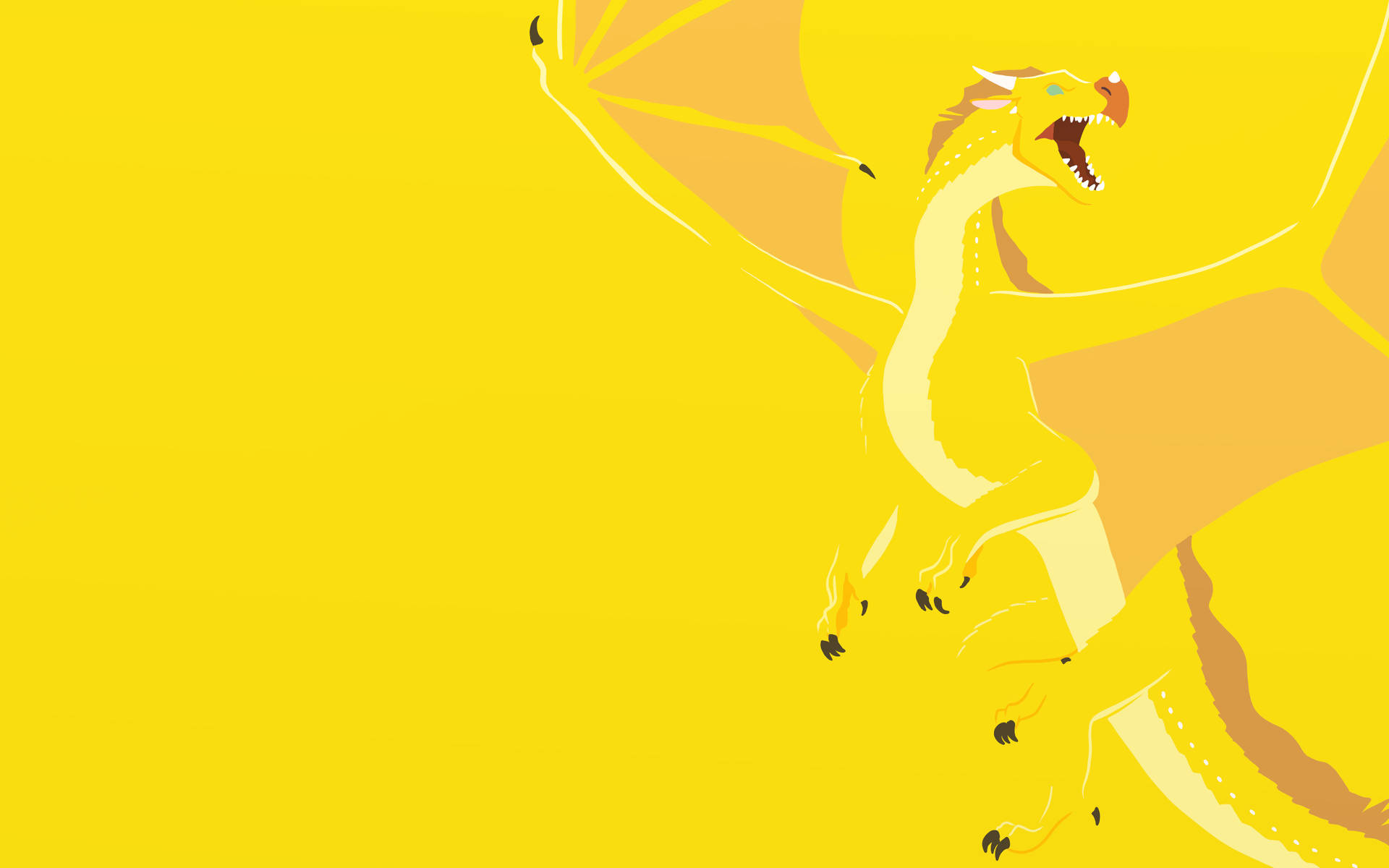 《火之翼》Sunny插畫 壁紙 — 一隻風格化的黃色龍張開翅膀，在純黃色背景上咆哮。