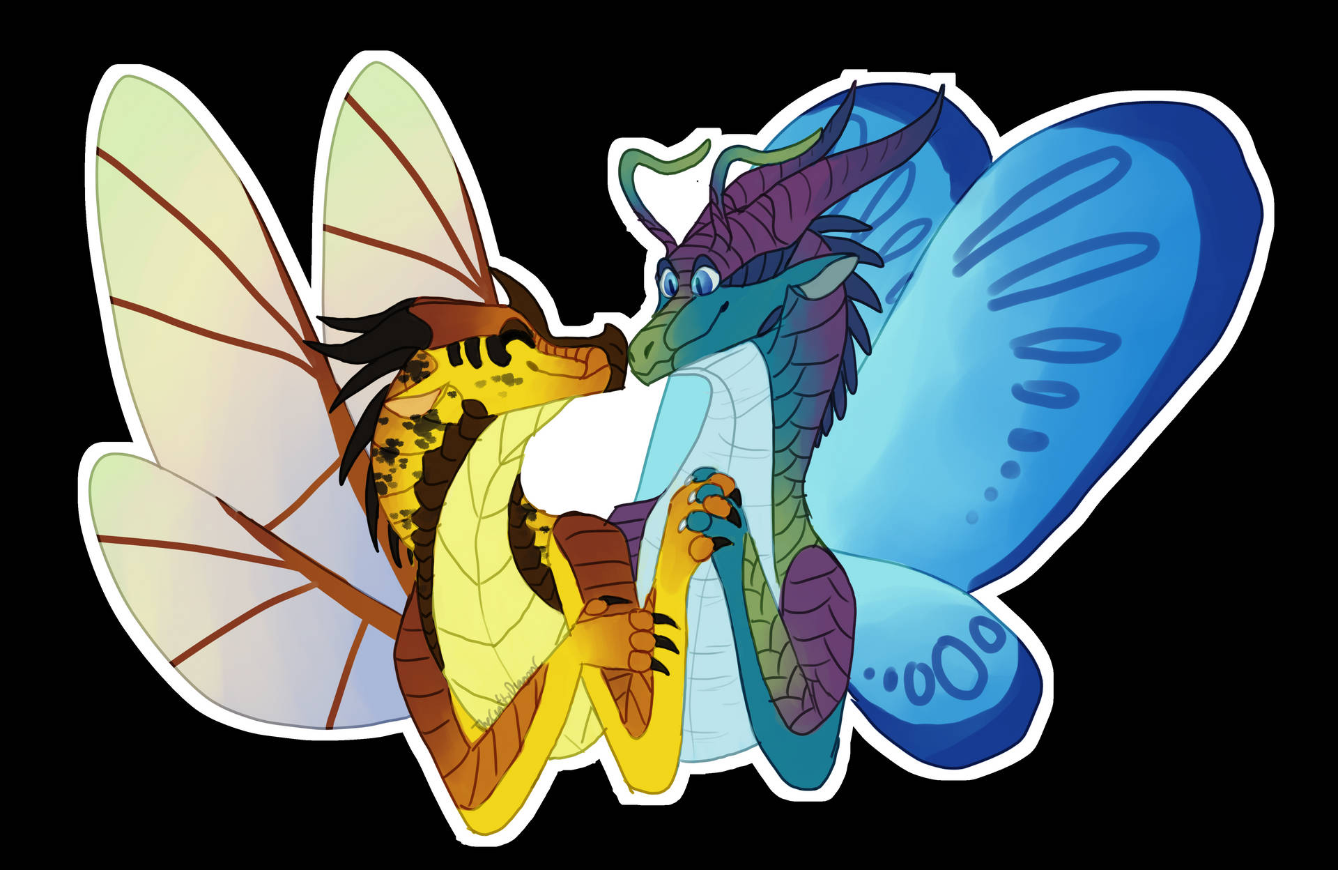《火之翼》可愛藍與Cricket 壁紙 — 兩隻風格化的蜻蜓生物，擁有色彩繽紛的翅膀和龍頭，在黑色背景上親暱地依偎。
