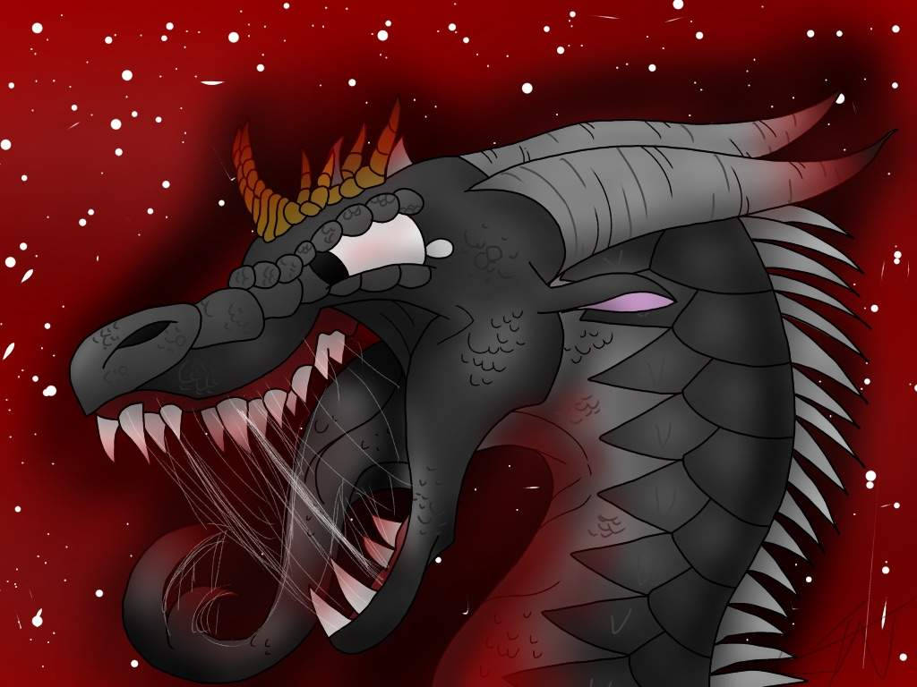 一隻帶有發光眼睛的兇猛黑色巨龍，對著紅色的星空咆哮。