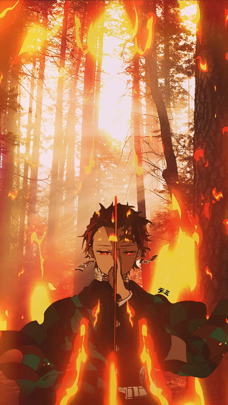 火元素 Tanjiro 鬼滅之刃角色 PFP 壁紙 — 一個火熱的動漫戰士站在一片燃燒的森林中，火焰吞噬樹木，投射出強烈的橙色光芒。
