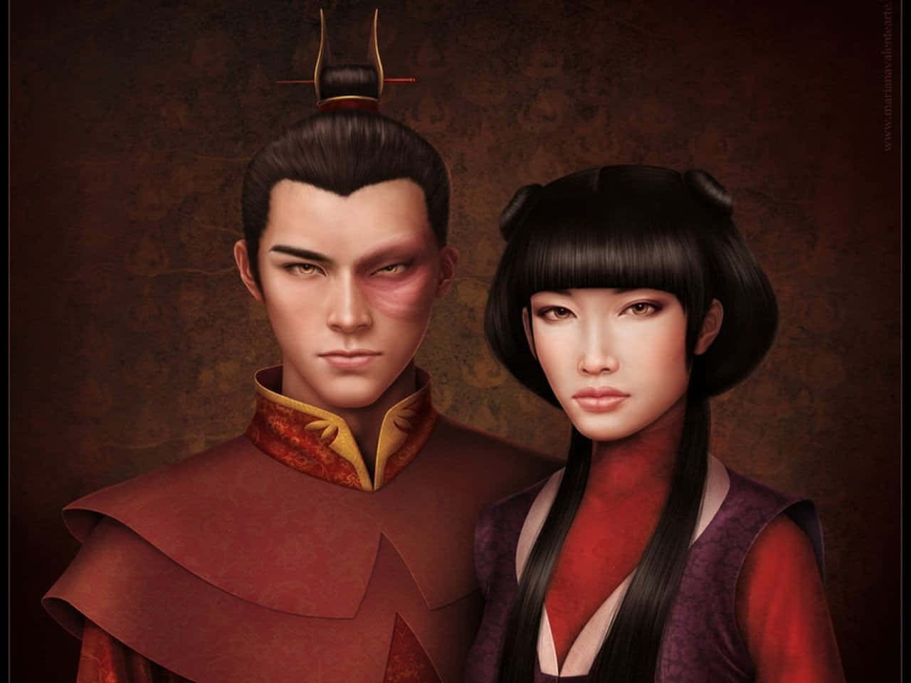 火國王子祖科 壁紙 — 一個數碼渲染的肖像，描繪一位嚴肅的男子和一位平靜的女子，身著華麗的傳統服飾，背景為有紋理的棕色。