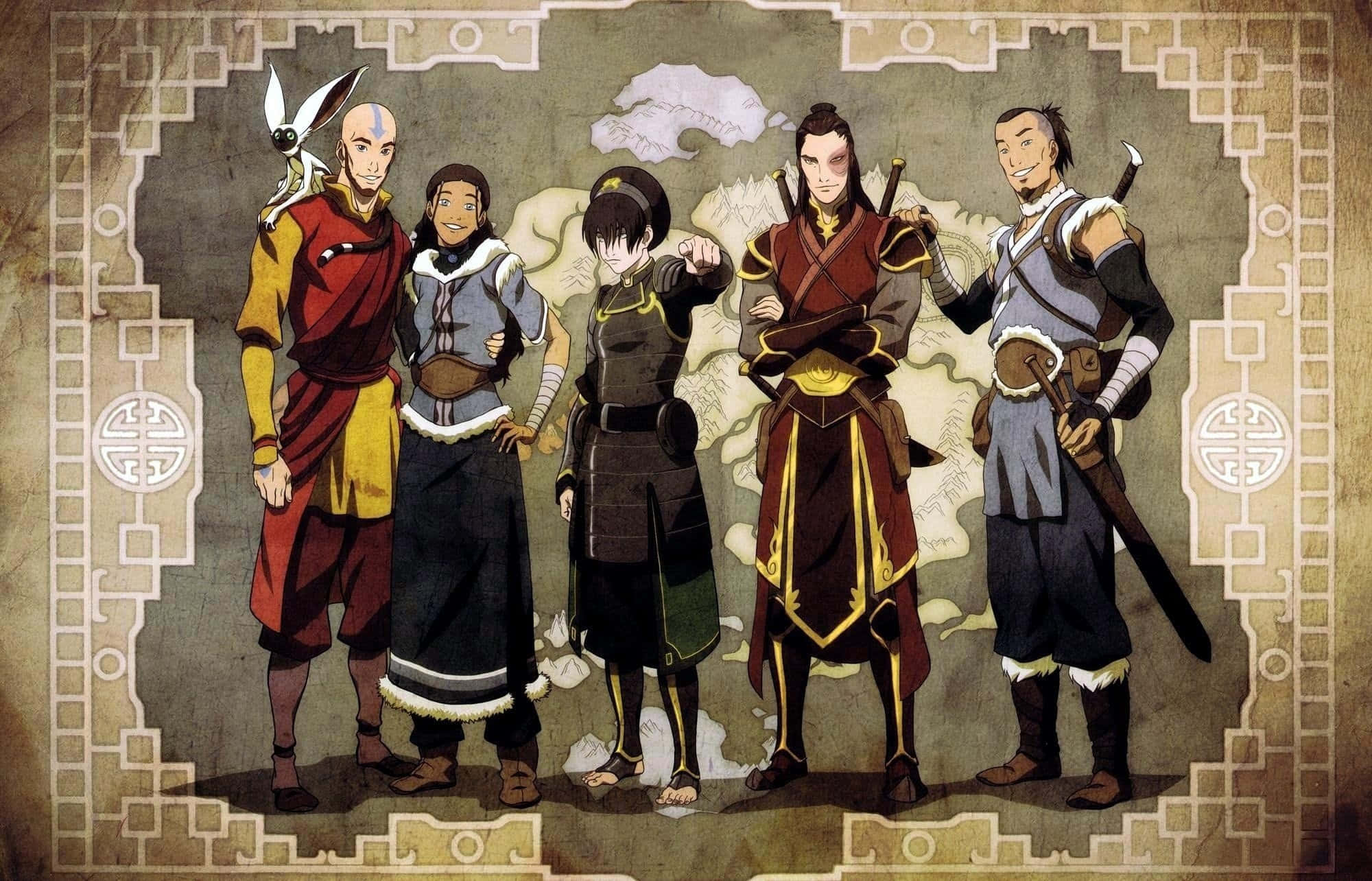 火國王子祖科蓄勢待發——《降世神通：最後的氣宗》 壁紙 — 五位動畫英雄穿著傳統服飾，自信地站在一幅由華麗邊框框住的古老地圖前。