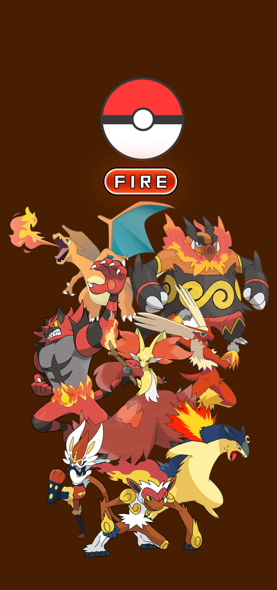 一組動漫風格的火系 Pokémon 角色，附有精靈球和「FIRE」標籤。