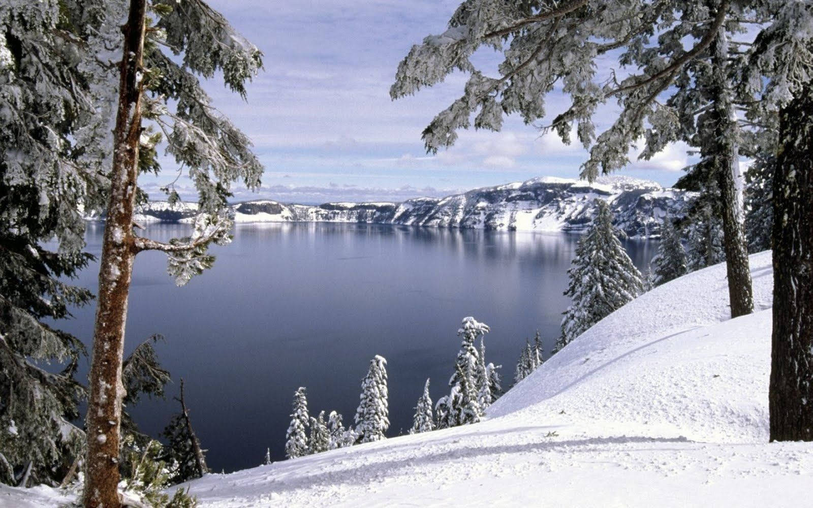 火山口湖冬日風景 壁紙 — 白雪覆蓋著常綠樹，在淡藍色的天空下框出一個寧靜的深藍色火山湖。