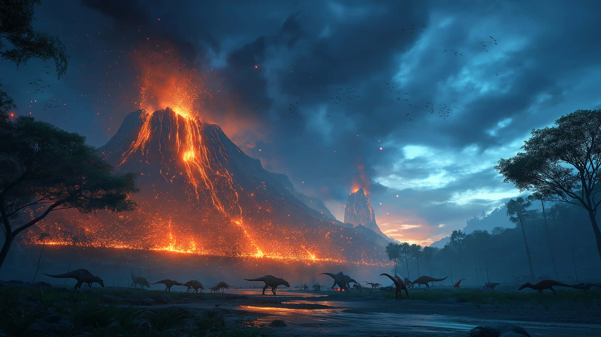 恐龍在黑暗風暴天空下靠近發光的火山噴發處行走