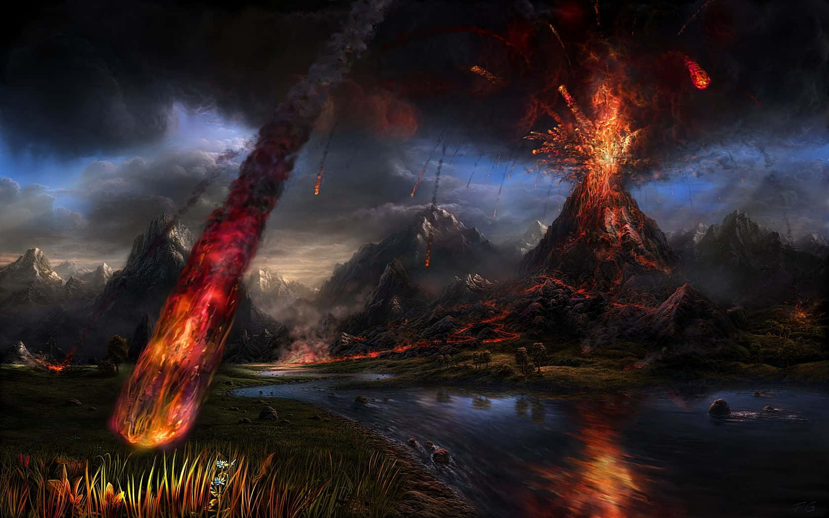 一顆火流星撞向山地夜景中的火山噴發。