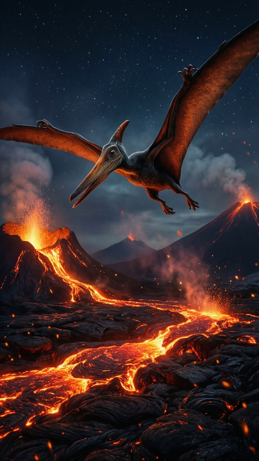 翼龍在活火山上方飛翔，熔岩在星空下流動