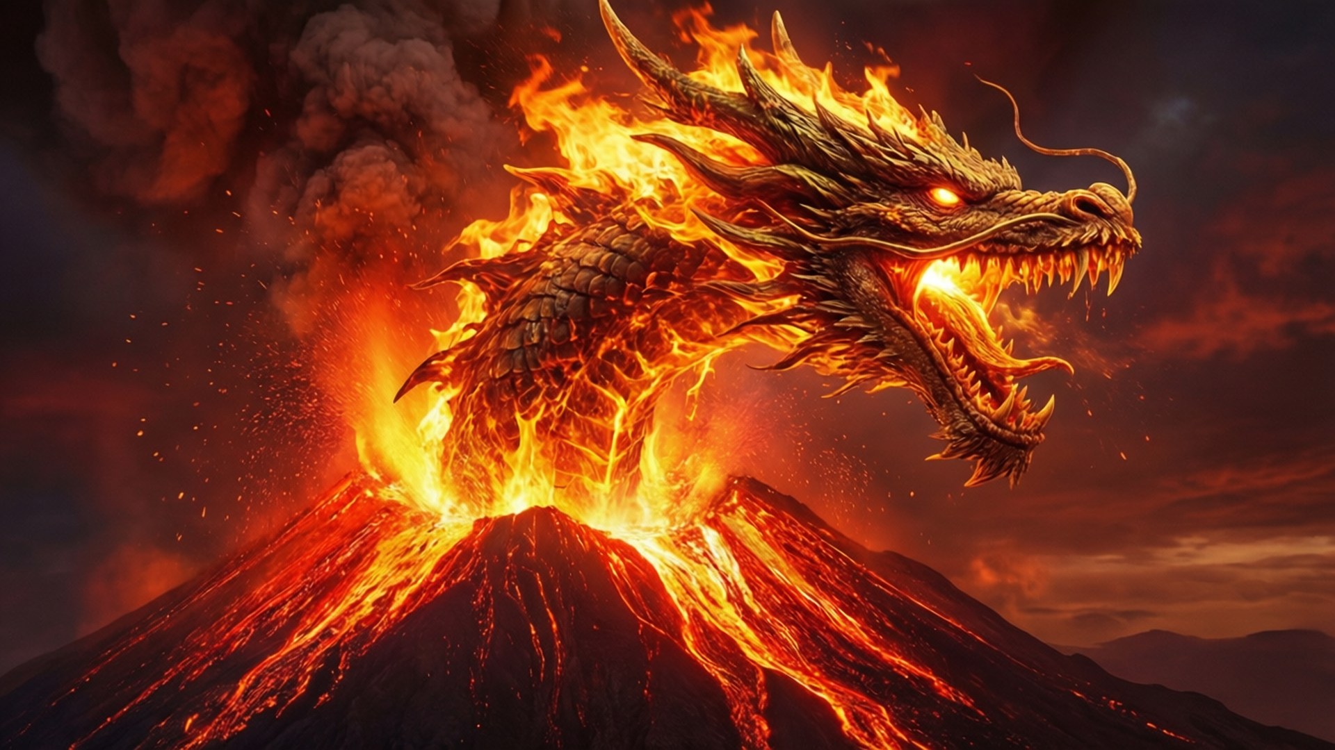 火山怒吼 壁紙 — 一條火龍從火山爆發中出現，眼睛發光，熔岩沿著山流下。