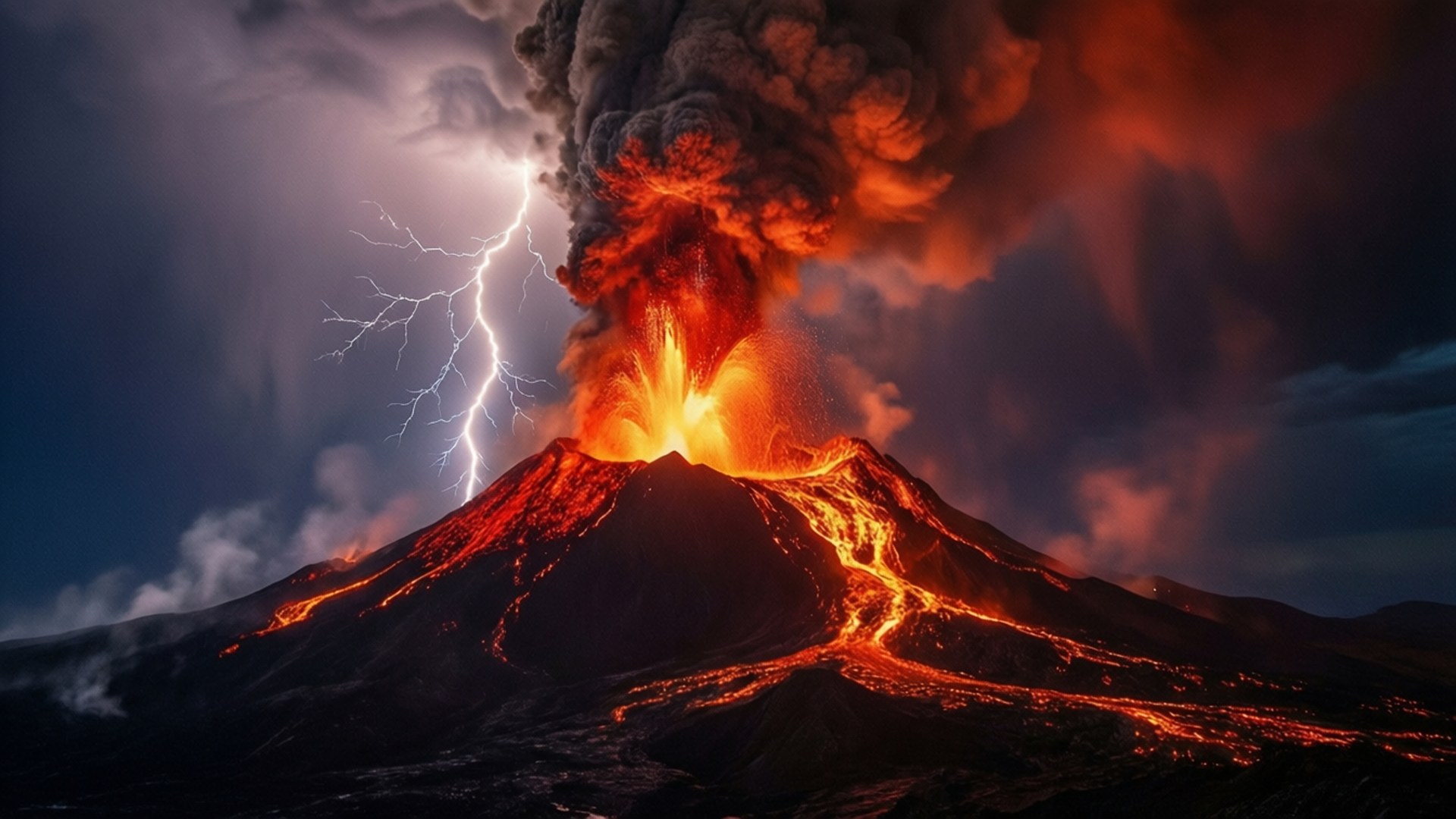 夜間火山爆發，熔岩流和天空中的閃電