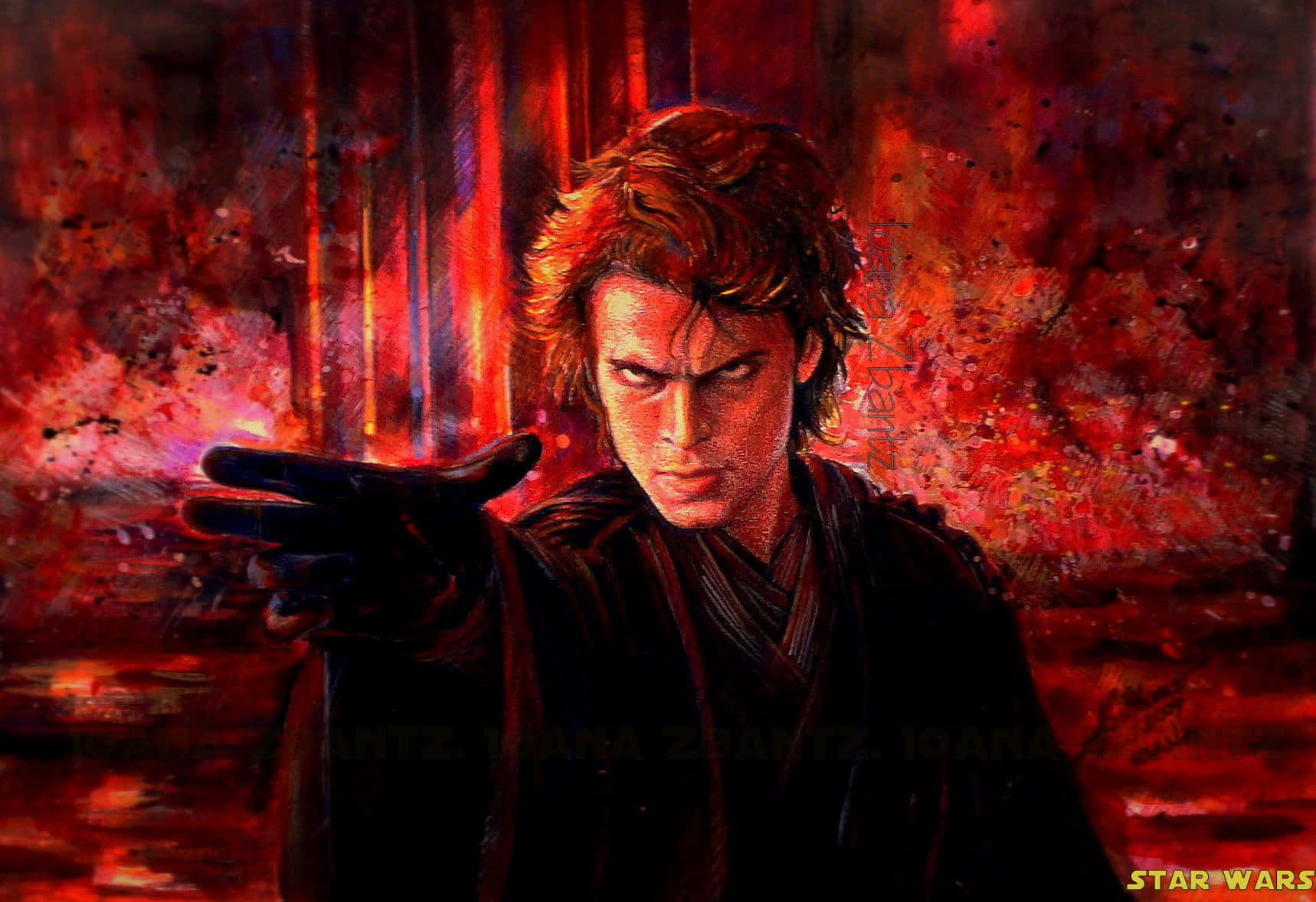 火山星球馬斯塔法的熾熱風景 壁紙 — 一幅以火紅和橙色繪畫的 Anakin Skywalker 肖像，他帶著堅定的表情向前指。