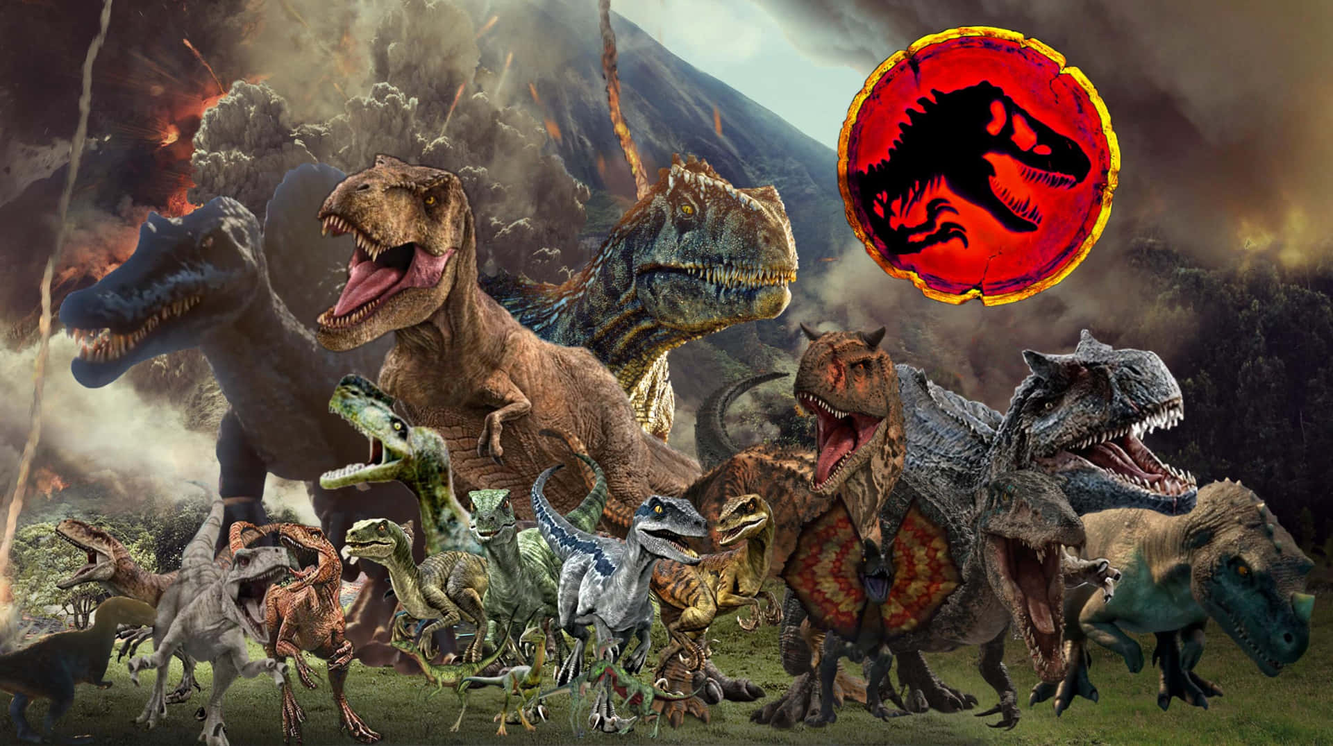 恐龍在火山爆發中咆哮，伴隨 Jurassic Park 標誌。 — 侏羅紀公園 壁紙