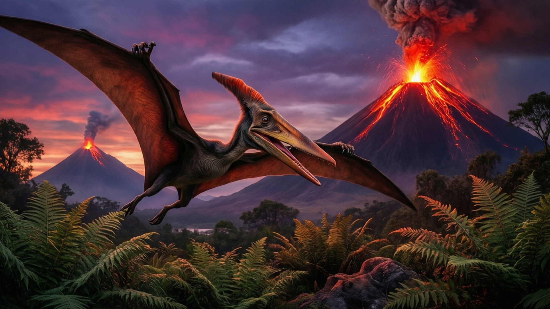 火山暮色 壁紙 — 翼龍在蕨類森林上空翱翔，兩座火山在火紅的暮色天空下噴發。