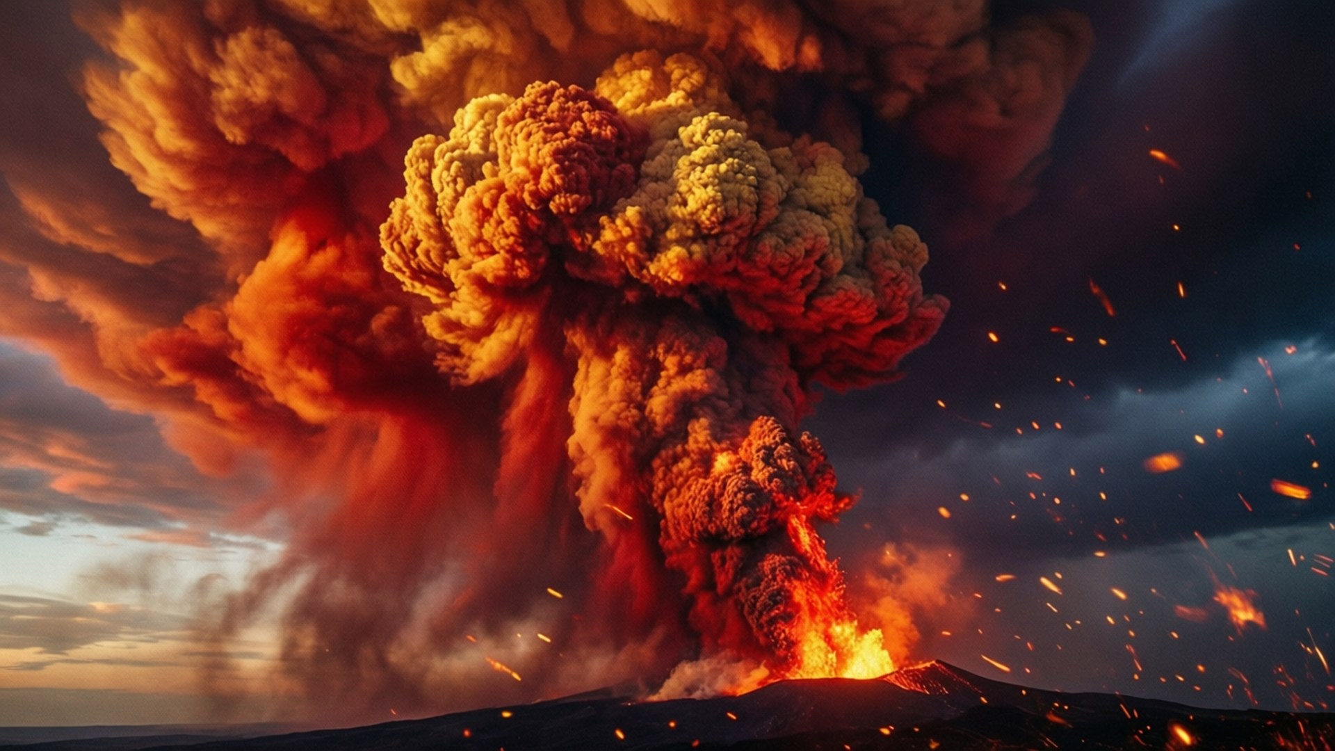 火山爆發，熾熱的熔岩和火山灰湧入黑暗的天空。